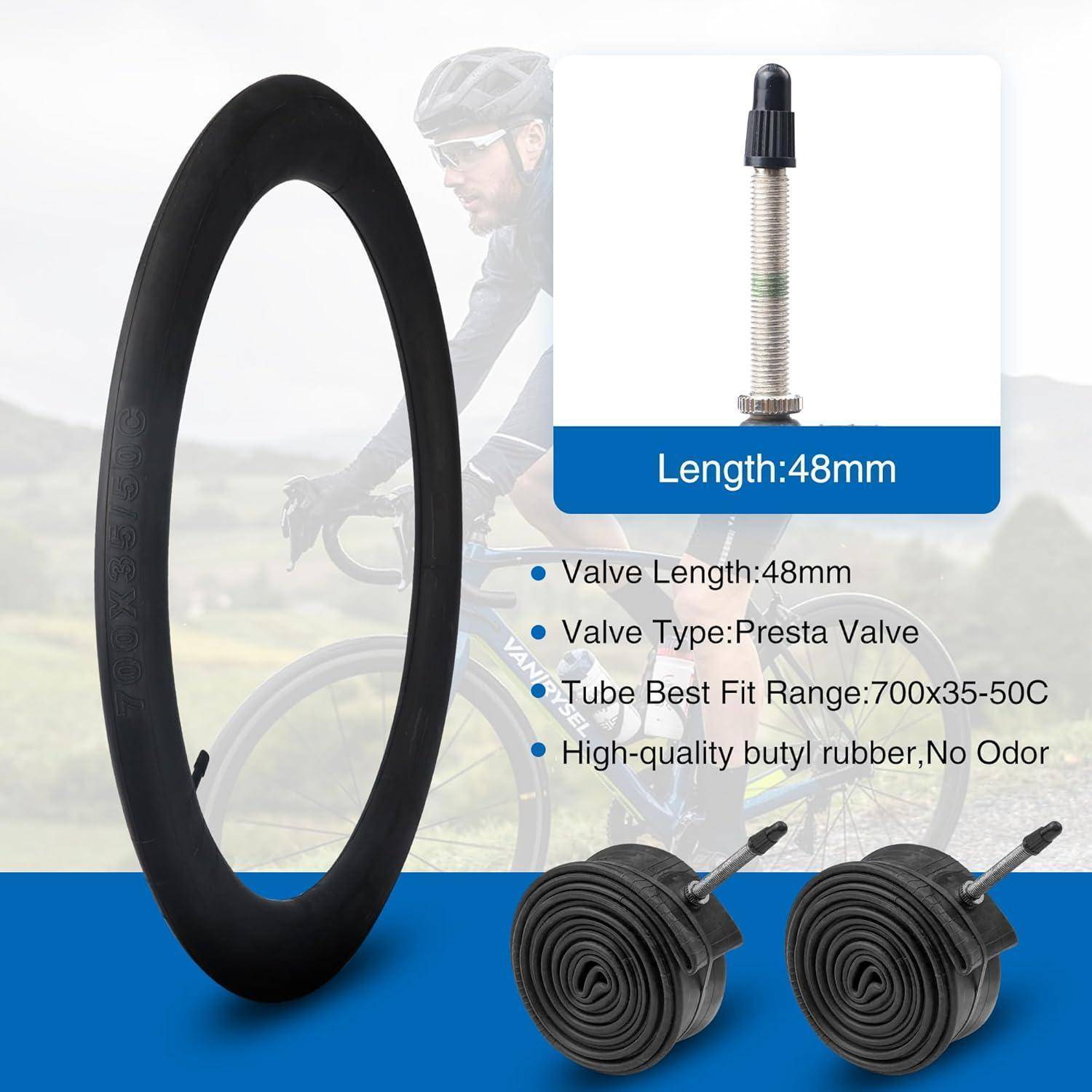 Fahrradreifen- und Schlauchset mit Presta-Ventil, Länge 48 mm. Geeignet für Laufradgröße 700x35-50c. Hochwertiger Butylgummi.