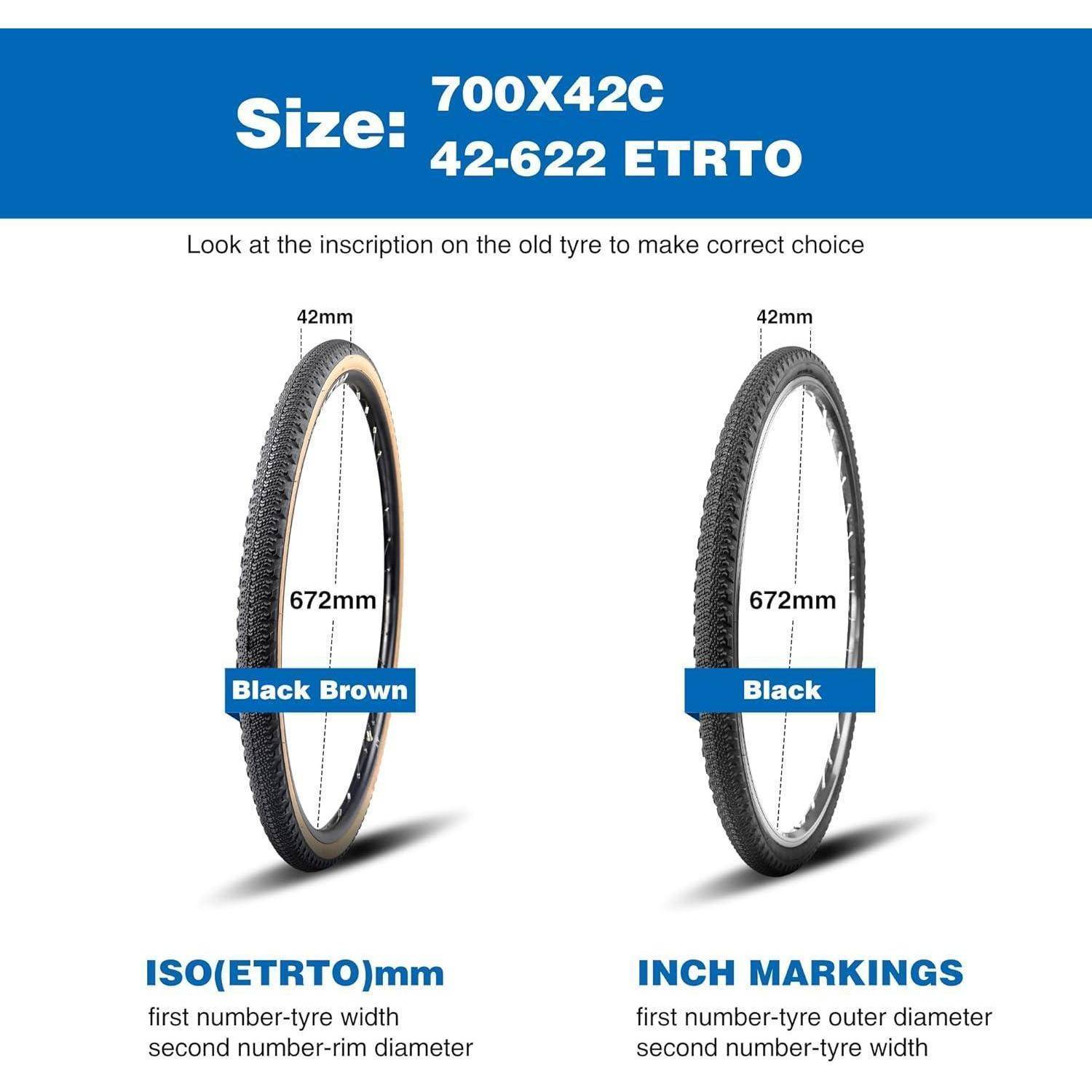 700x42C, 42-622 ETRTO' auf blauem Hintergrund. Zwei Fahrradreifen mit den Bezeichnungen 'Schwarz Braun' und 'Schwarz' zeigen Größeninformationen: 42 mm x 672 mm.