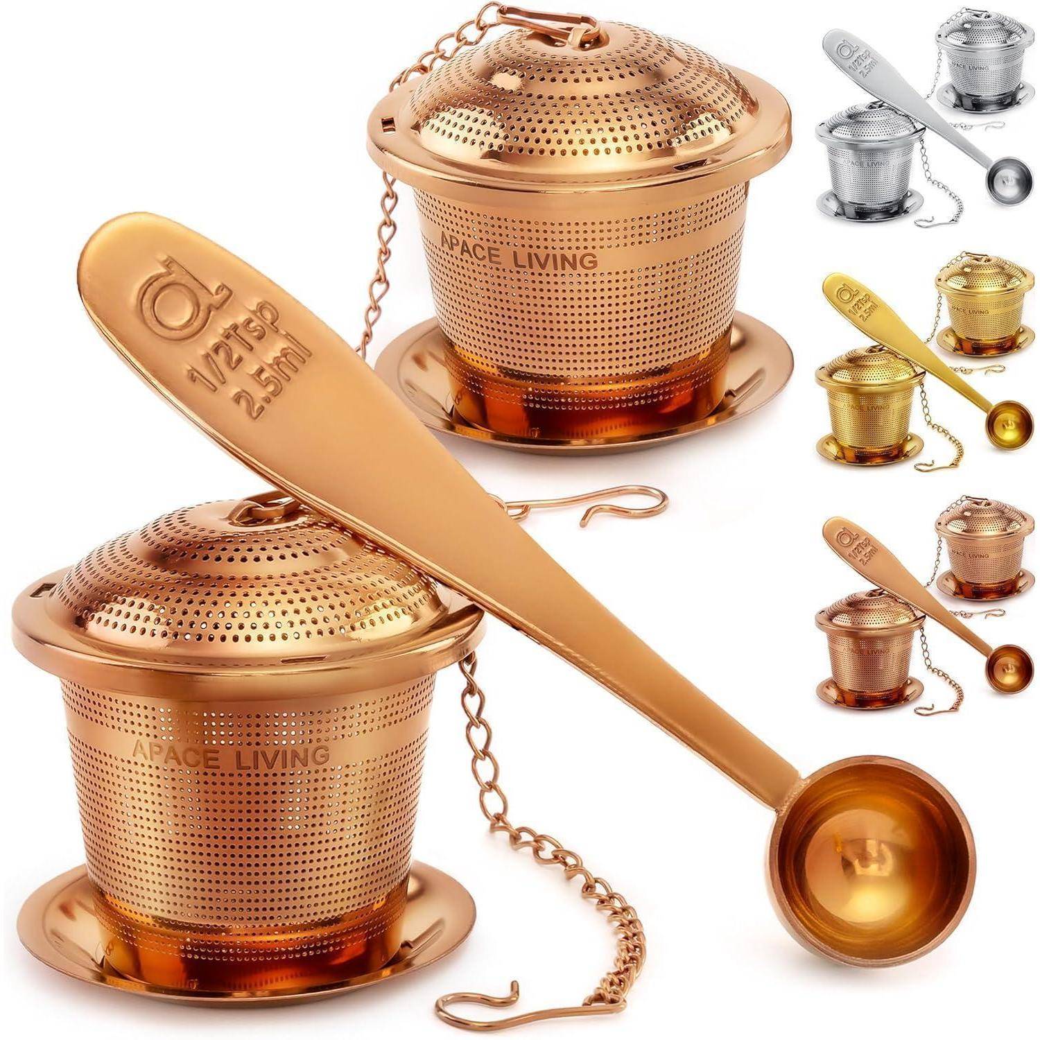 Teesieb Set Edelstahl Teeschaufel Abtropfschale Roségold Mittel