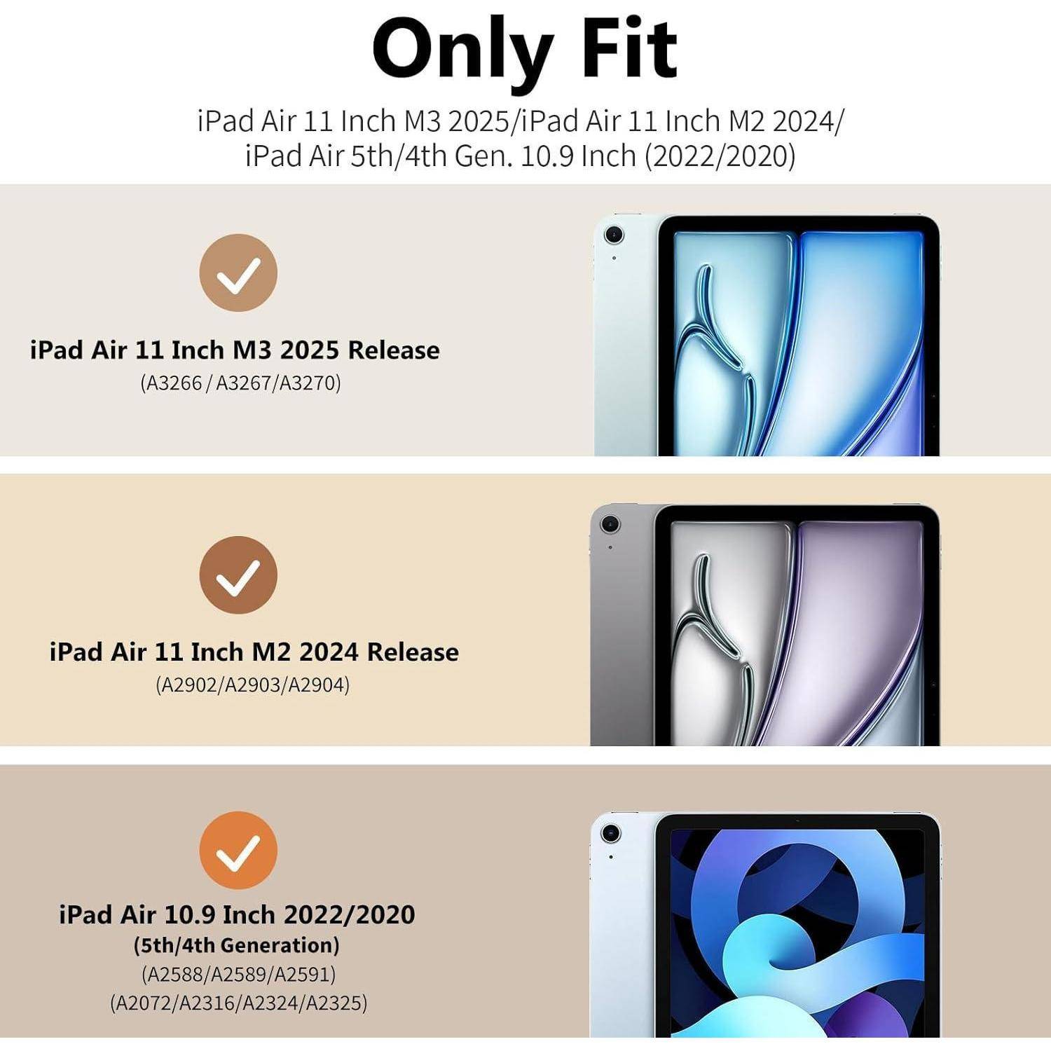 Only Fit' iPads gezeigt: 11-Zoll M3 2025, 11-Zoll M2 2024, 10,9-Zoll 2022/2020. Verschiedene Designs zum Vergleich.