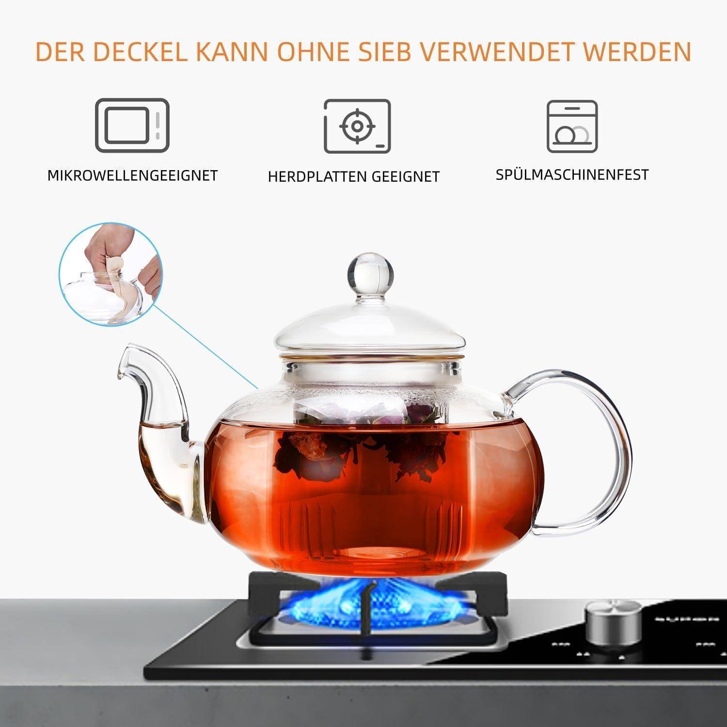 Teekanne Glas Siebeinsatz Herdplattensicher 1200ml 40.6 OZ