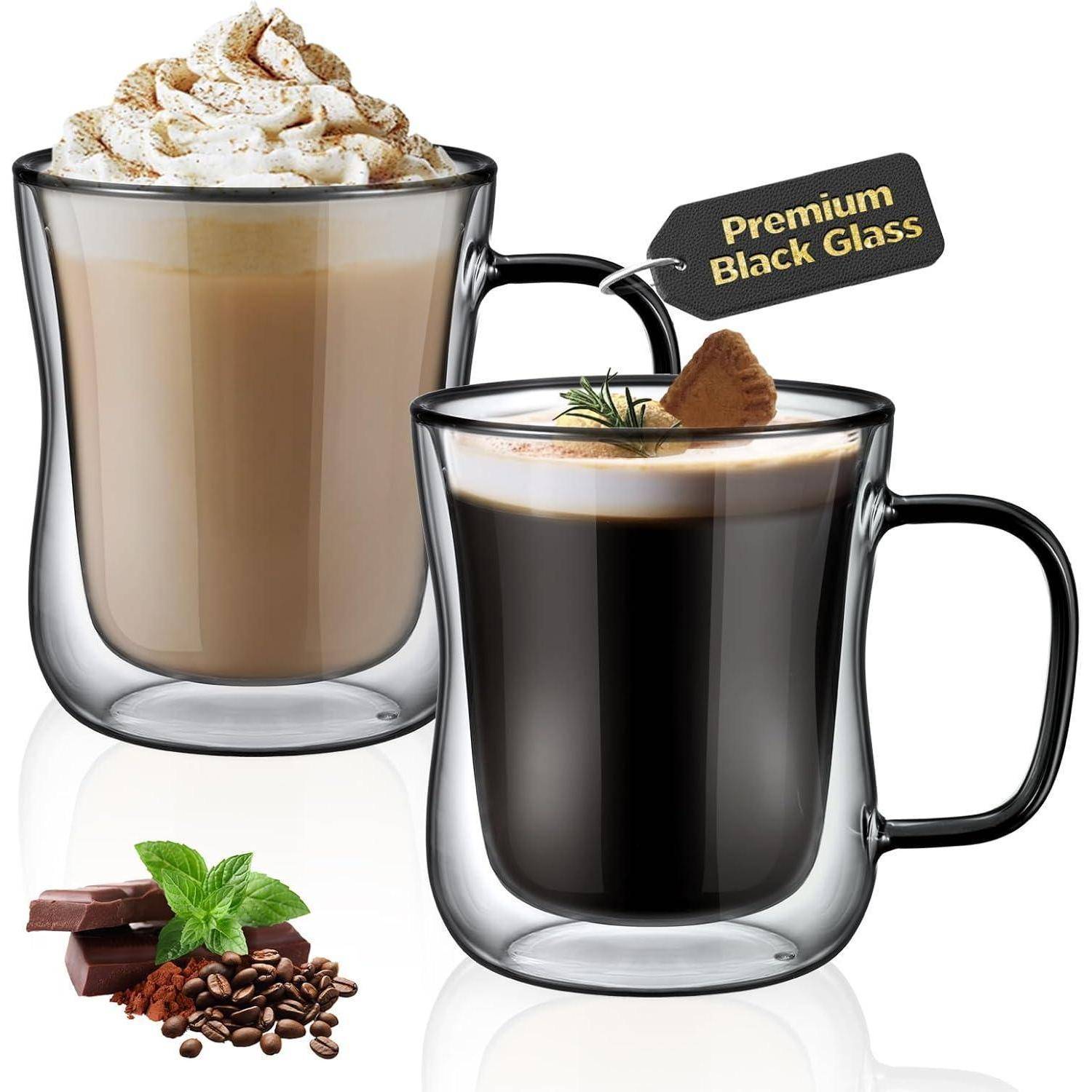Schwarze Doppelwandige Kaffeegläser 350ml 2er Set Henkel Kaffeeglas