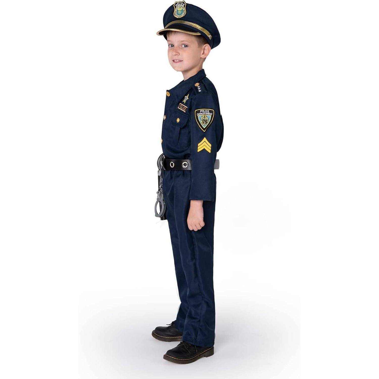Ein Kind in einem Polizistenkostüm, lächelnd und im Profil stehend, mit Abzeichen und Handschellen an der Uniform.