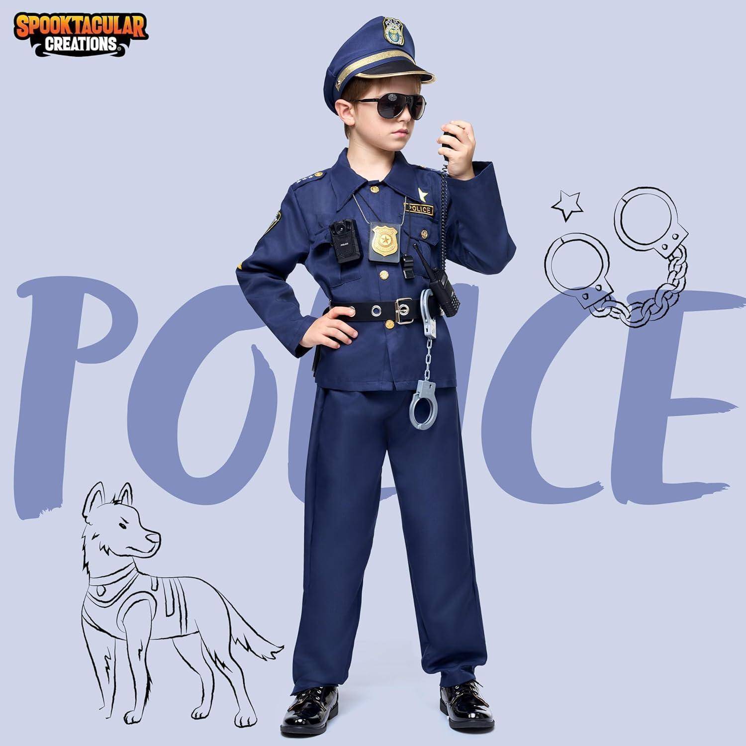 Ein Kind in einem detaillierten Polizistenkostüm steht selbstbewusst mit Sonnenbrille, vor einem Hintergrund mit illustrierten Elementen wie Handschellen und einer Hundeskizze.