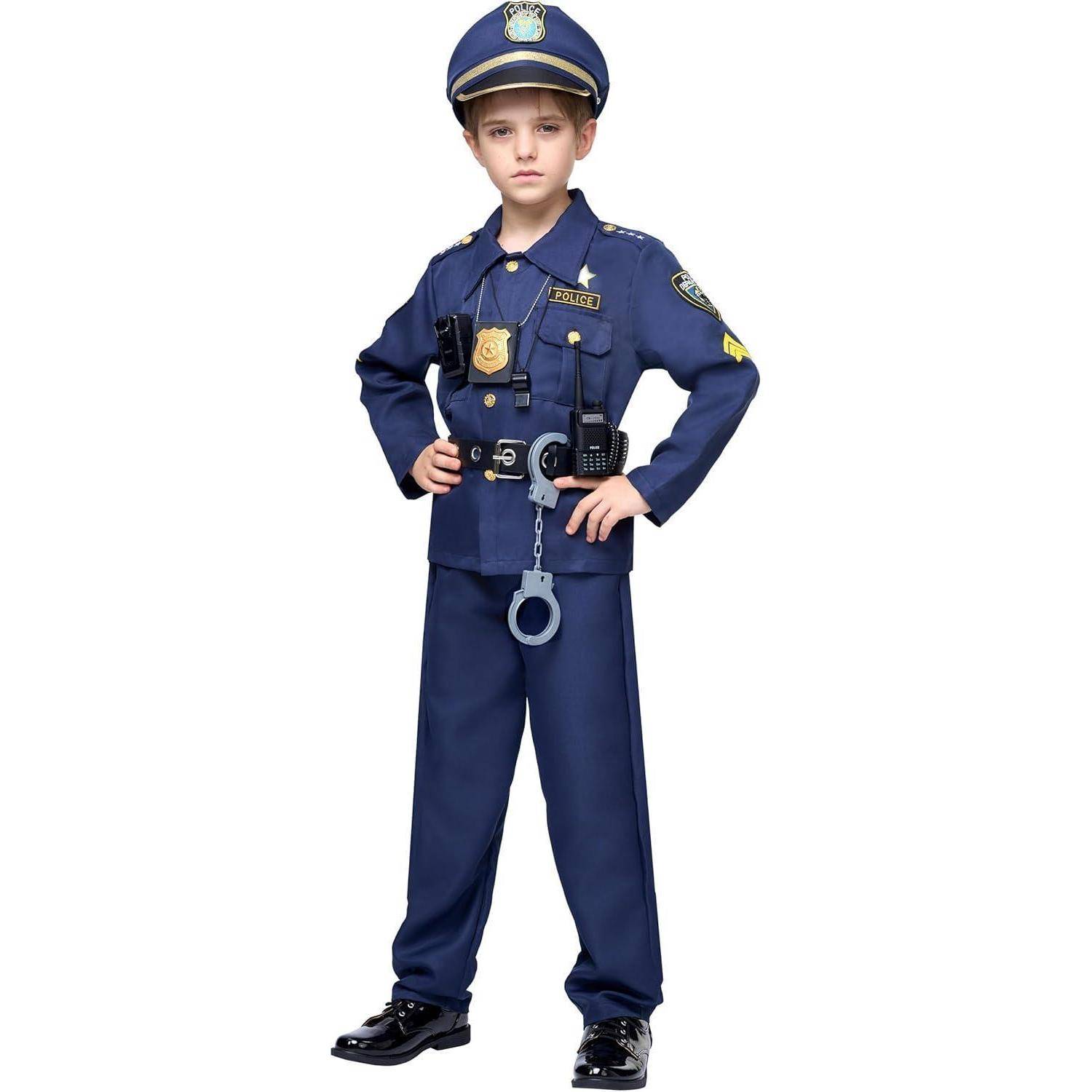 Ein Kind in einem detaillierten Polizistenanzug, einschließlich Mütze, Abzeichen und Spielzeug-Accessoires, steht selbstbewusst.