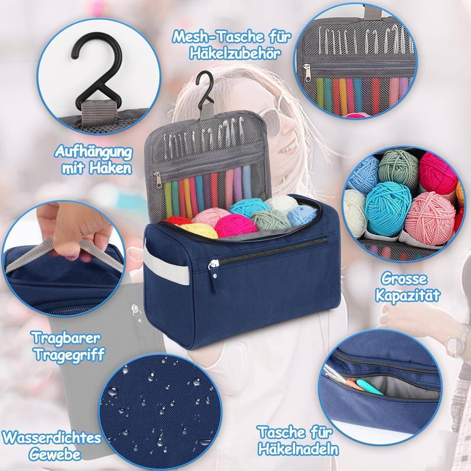 Marineblauer Aufbewahrungsbeutel mit Haken zum Aufhängen, Netztasche für Häkelnadeln, großes Fassungsvermögen, Griffe und wasserfestes Gewebe.