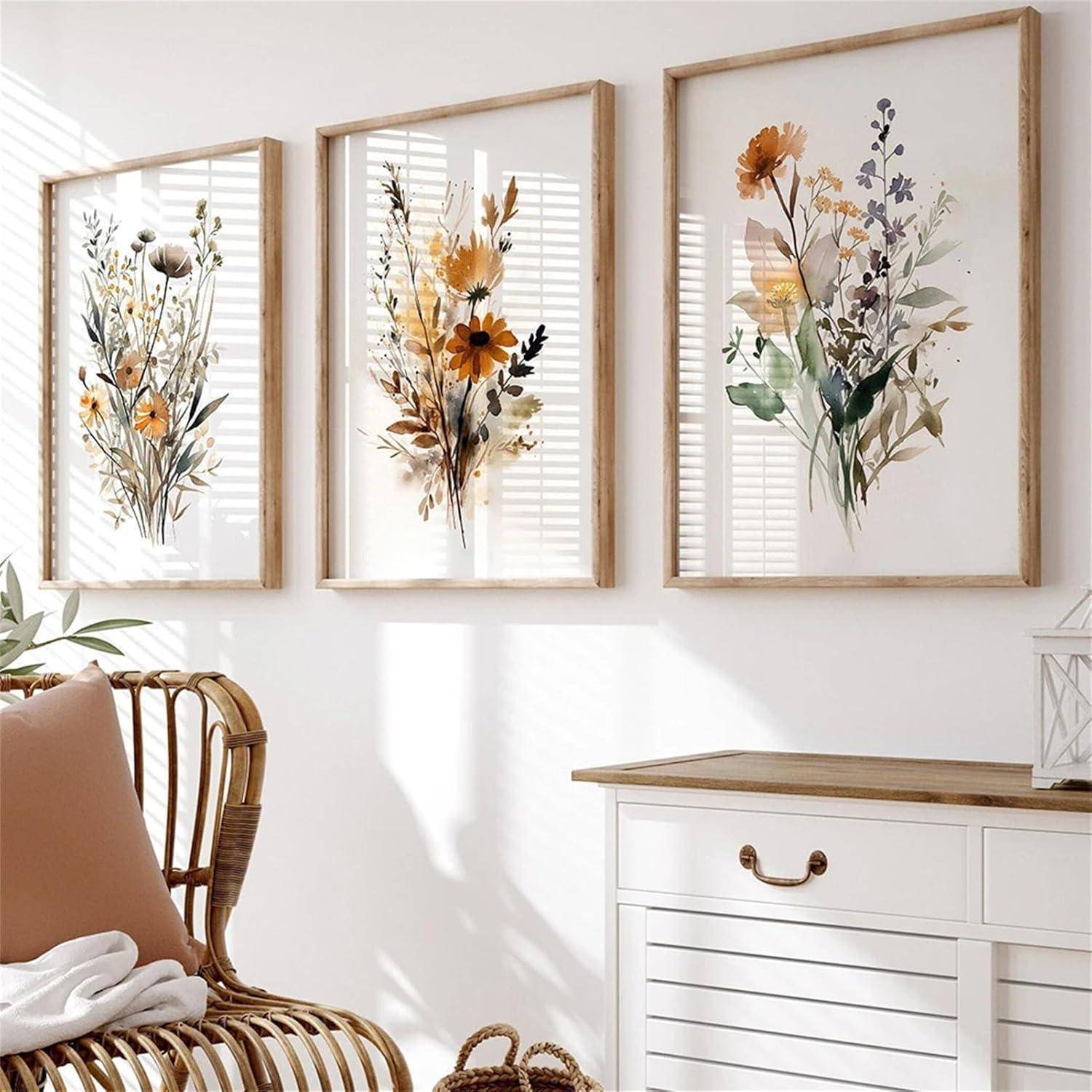 Poster 3er Set Gouache Blumen Wandbilder Wohnzimmer 30x40cm