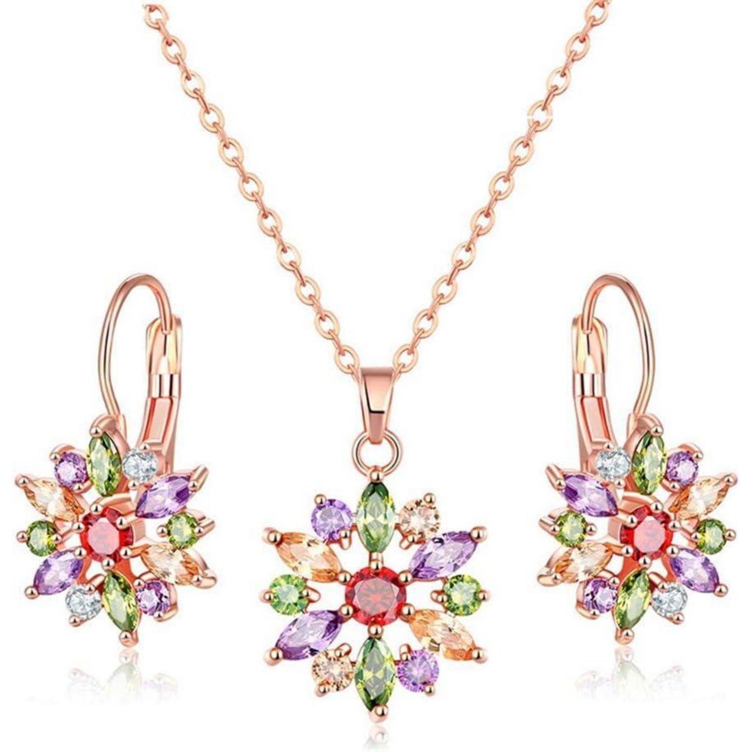 Damen Schmuckset Blume Halskette Creolen Ohrhänger Rosegold Zirkonia