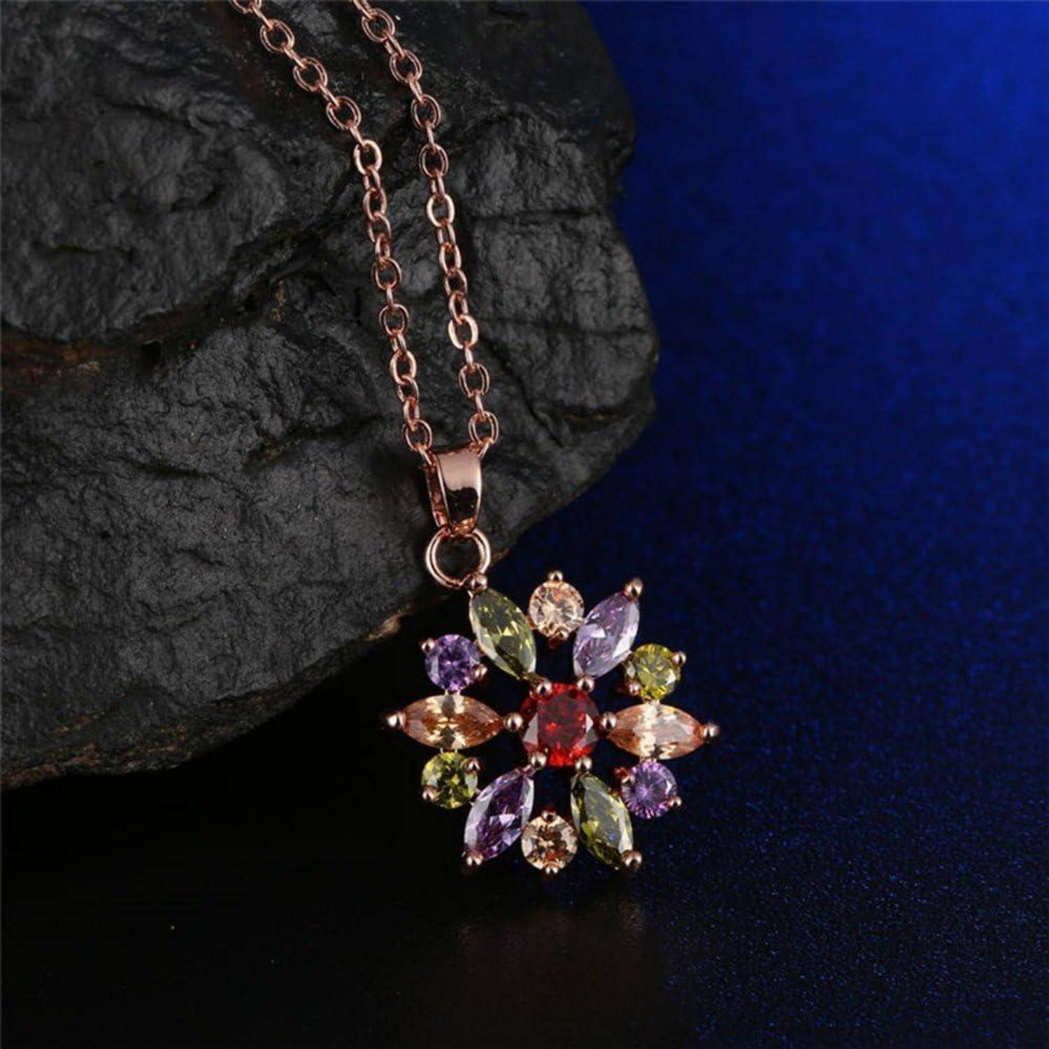 Damen Schmuckset Blume Halskette Creolen Ohrhänger Rosegold Zirkonia