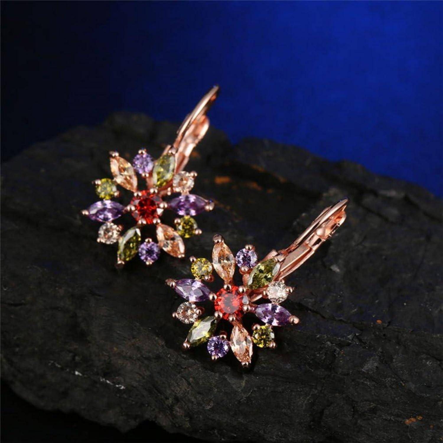 Damen Schmuckset Blume Halskette Creolen Ohrhänger Rosegold Zirkonia