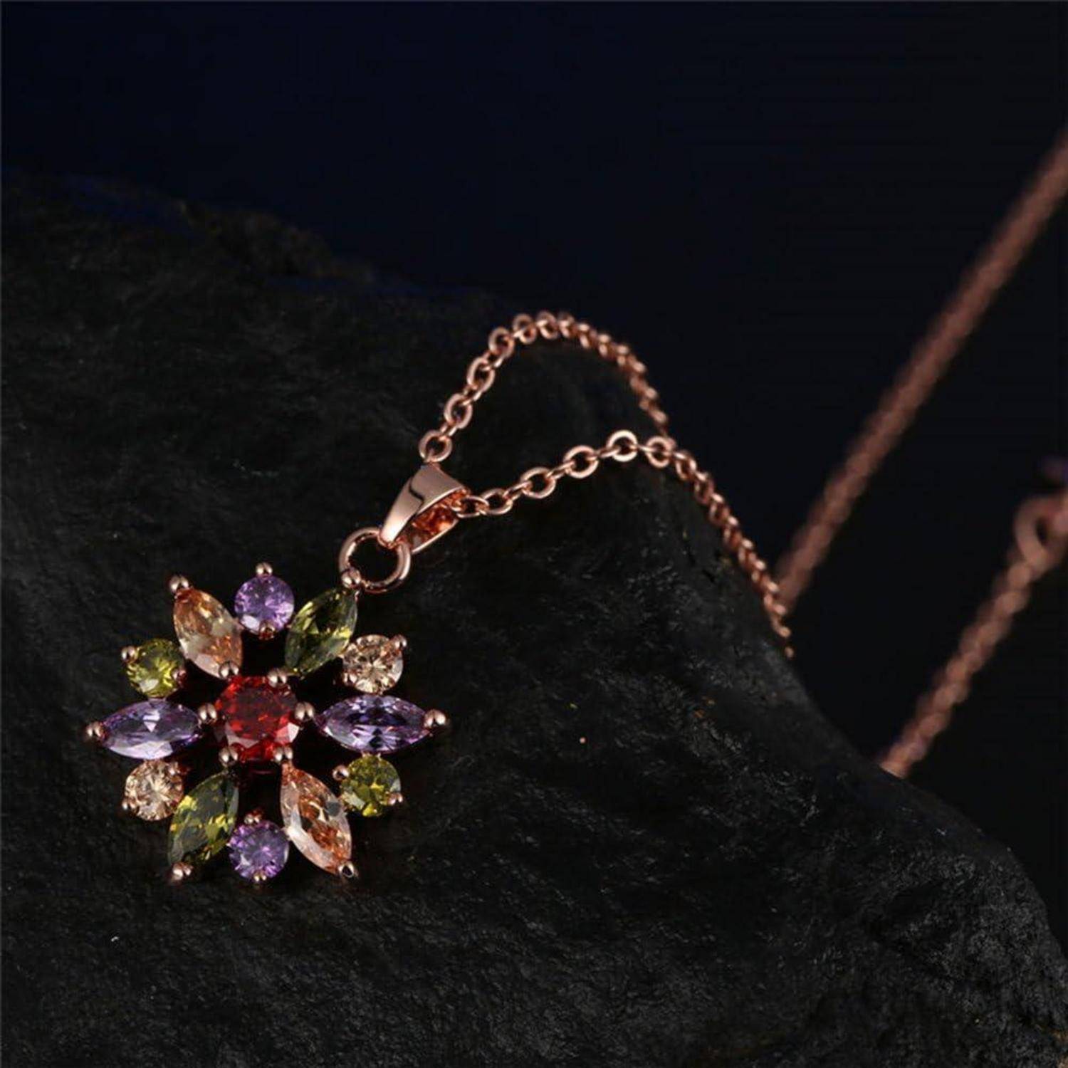 Damen Schmuckset Blume Halskette Creolen Ohrhänger Rosegold Zirkonia