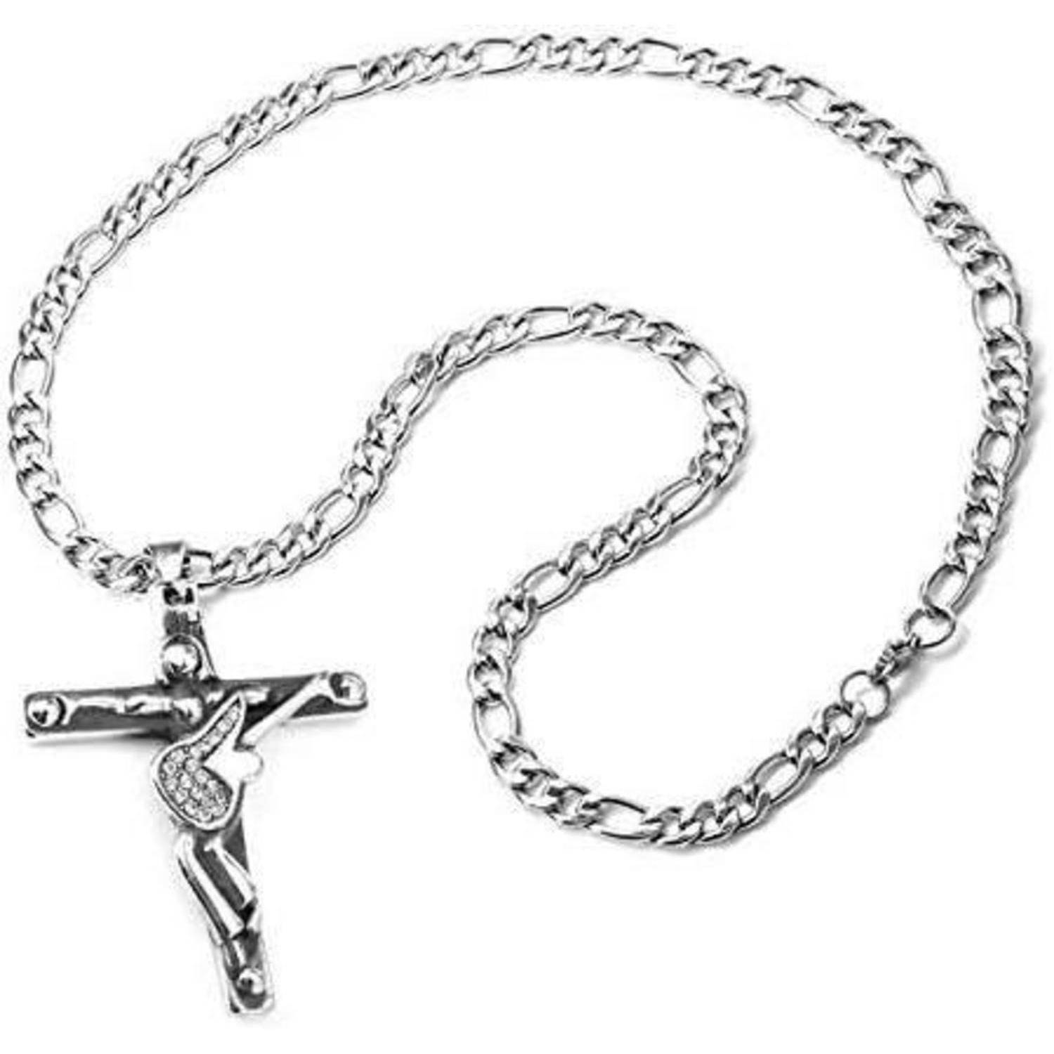 Eine silberne Halskette mit einem Kruzifix-Anhänger, in dessen Mitte eine kleine Gitarrenform eingearbeitet ist und so musikalische und religiöse Symbole miteinander verbindet.
