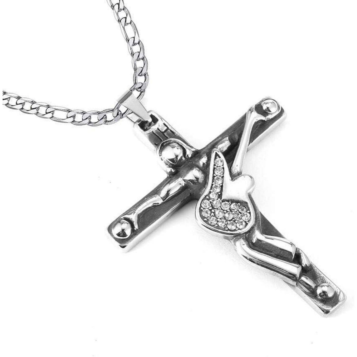 Eine Silberkreuz-Anhänger mit einer Kette zeigt einen detaillierten Flügel eines Engels, der mit kleinen funkelnden Steinen verziert ist.