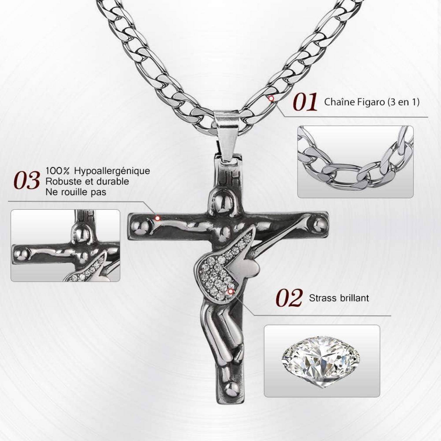 Edelstahl-Kette mit Kreuz-Anhänger und glitzernden Strasssteinen.