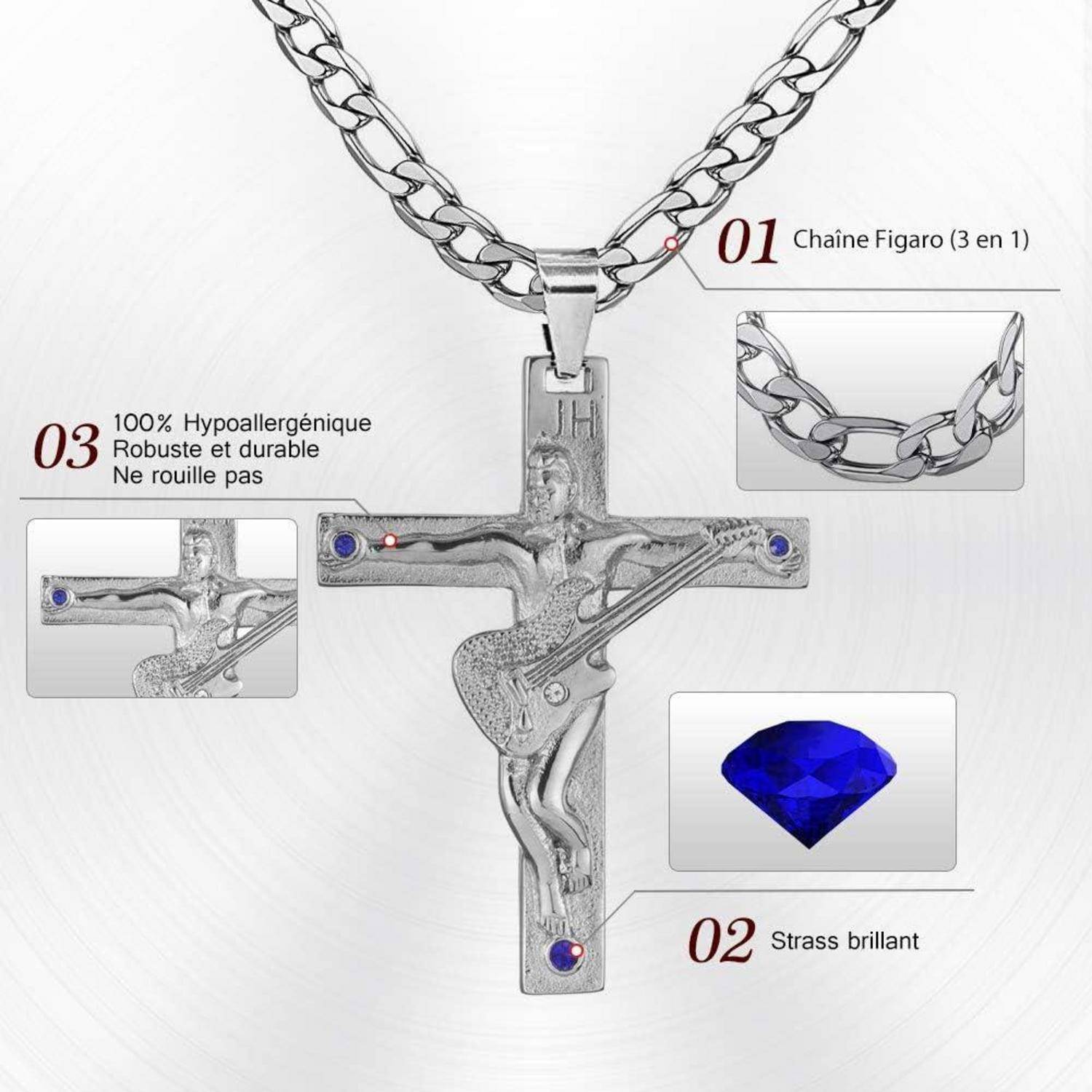 Eine silberne Kreuzanhänger mit einer Gitarre spielenden Figur, geschmückt mit blauen Edelsteinen. Inklusive Text: 'Figaro Kette (3 in 1)', 'Glitzernde Strasssteine' und '100% Hypoallergen'.