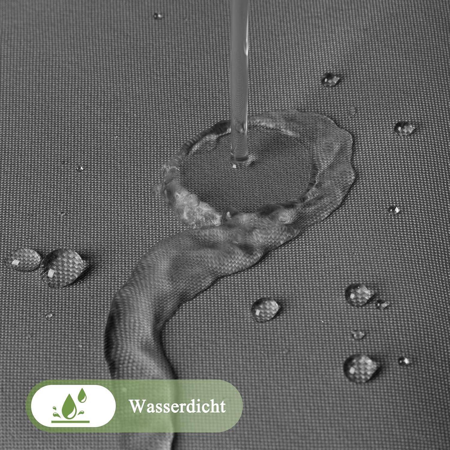 Wassertropfen auf einem wasserdichten Stoff mit dem Text 