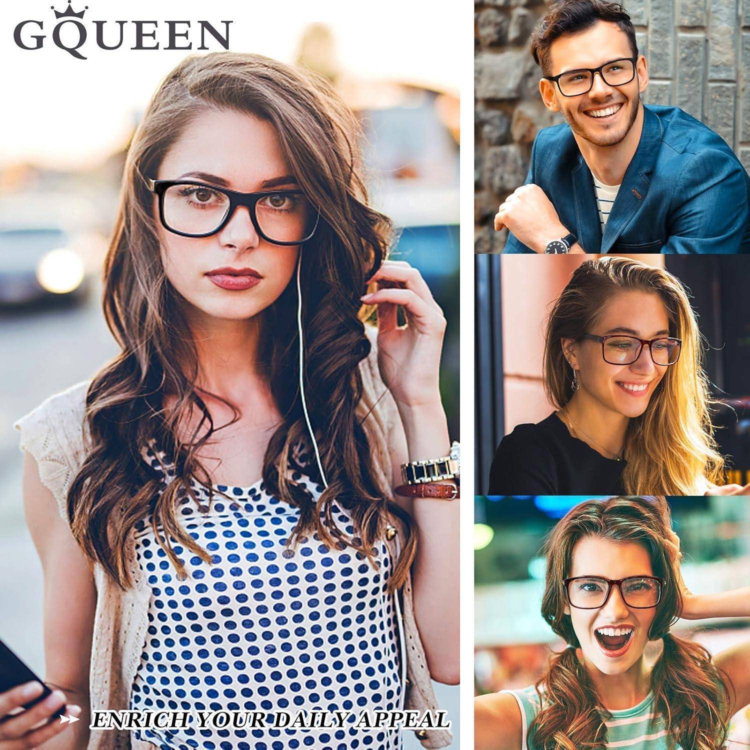 GQUEEN' Collage mit stilvollen Personen, die Brillen tragen, betont die modische Attraktivität mit dem Text 'BEREICHERN SIE IHRE TÄGLICHE AUSSTRAHLUNG'.