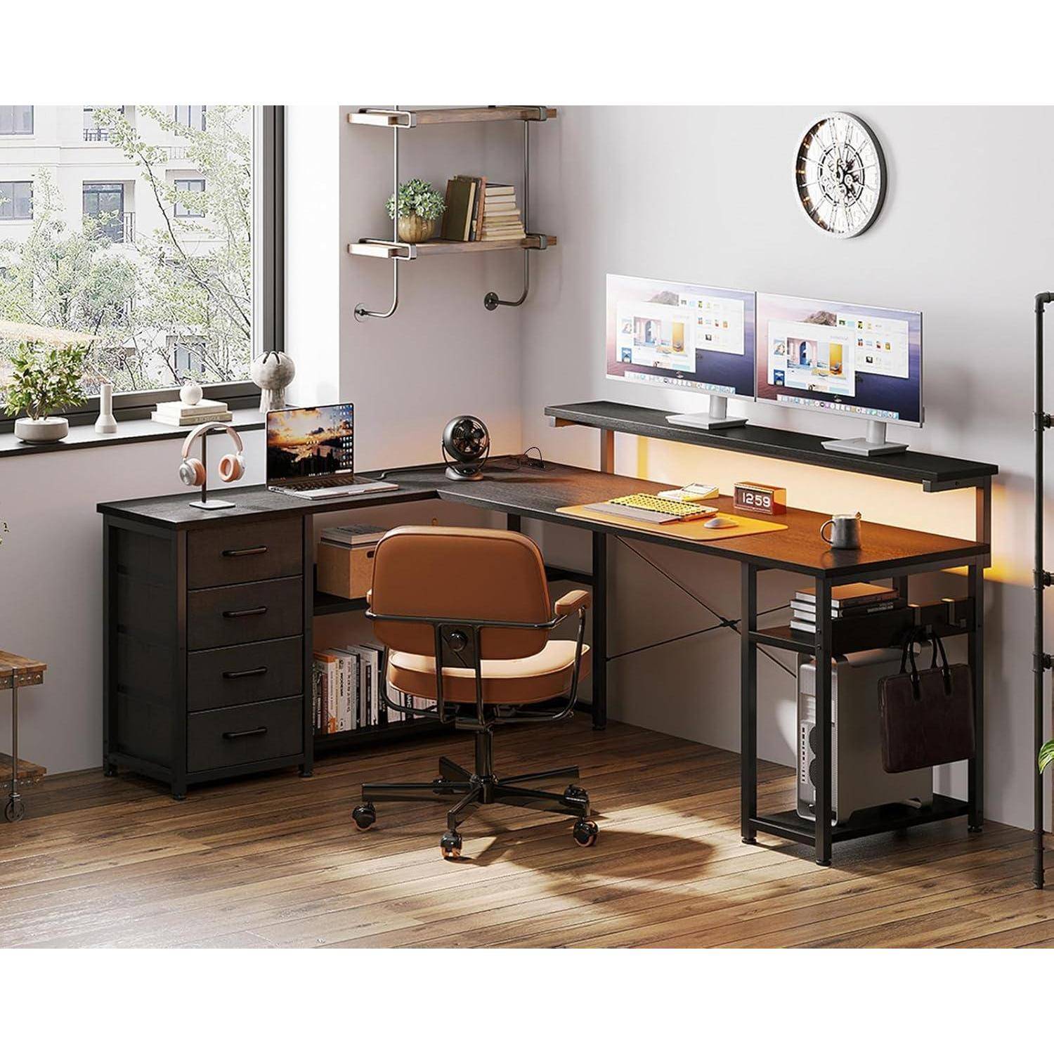 Schreibtisch L Form mit Schubladen und LED, Gaming Schreibtisch