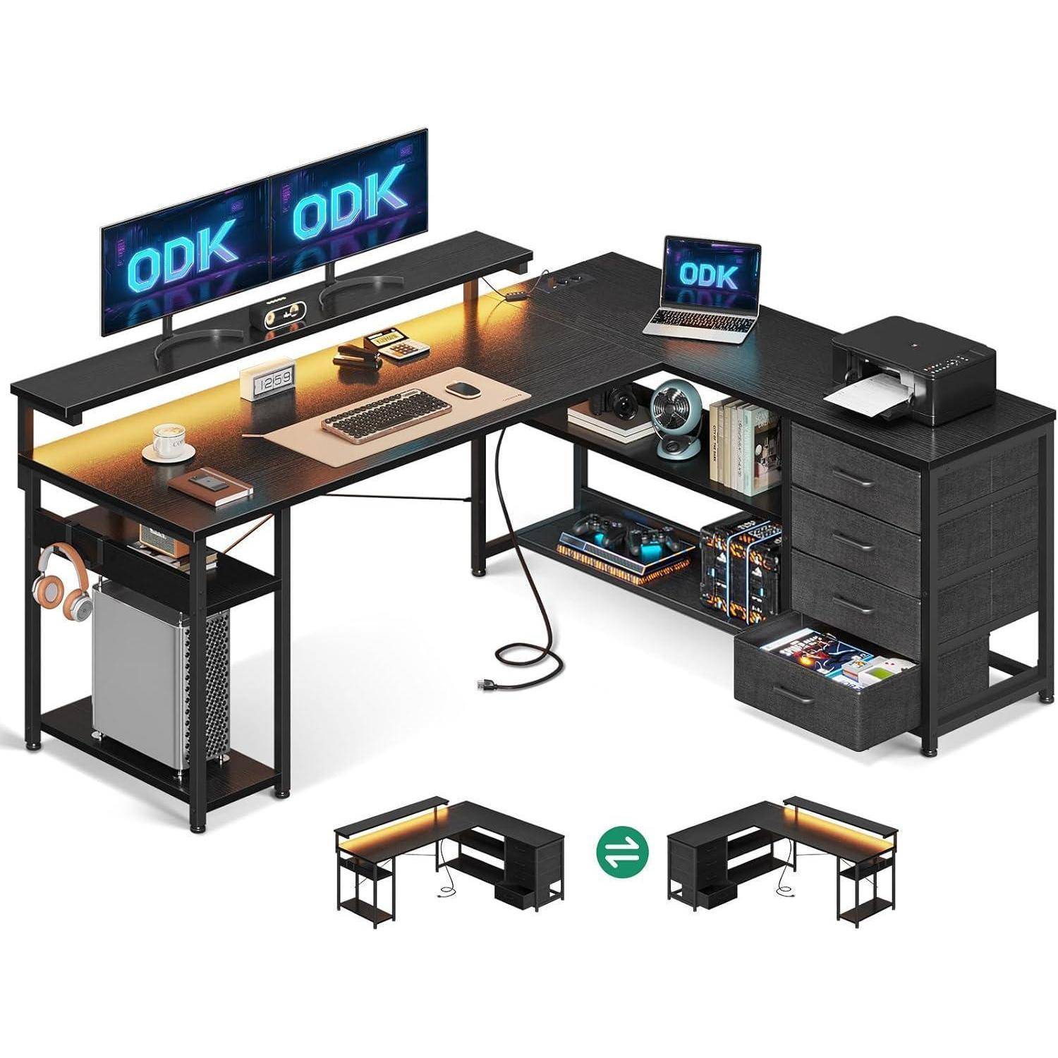 Schreibtisch L Form mit Schubladen und LED, Gaming Schreibtisch