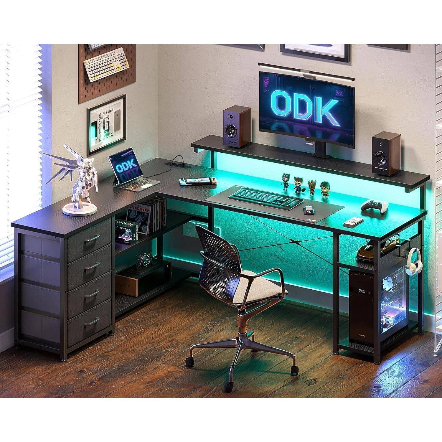 Schreibtisch L Form mit Schubladen und LED, Gaming Schreibtisch