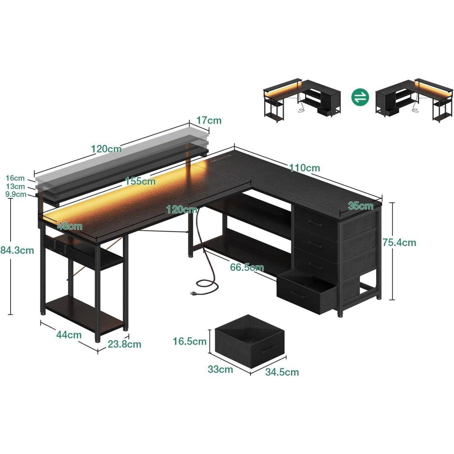 Schreibtisch L Form mit Schubladen und LED, Gaming Schreibtisch