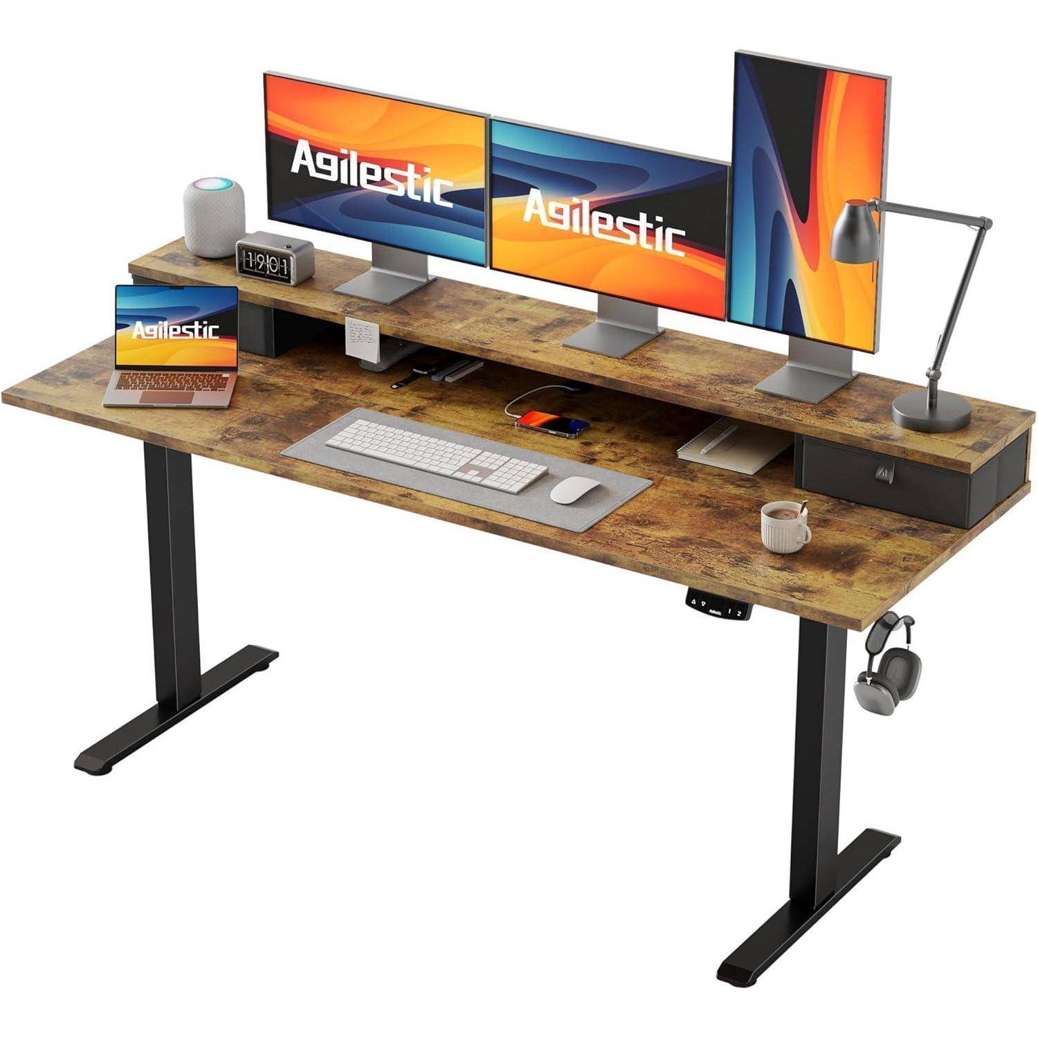 Höhenverstellbarer Schreibtisch 160x60 cm mit 2 Schubladen Braun