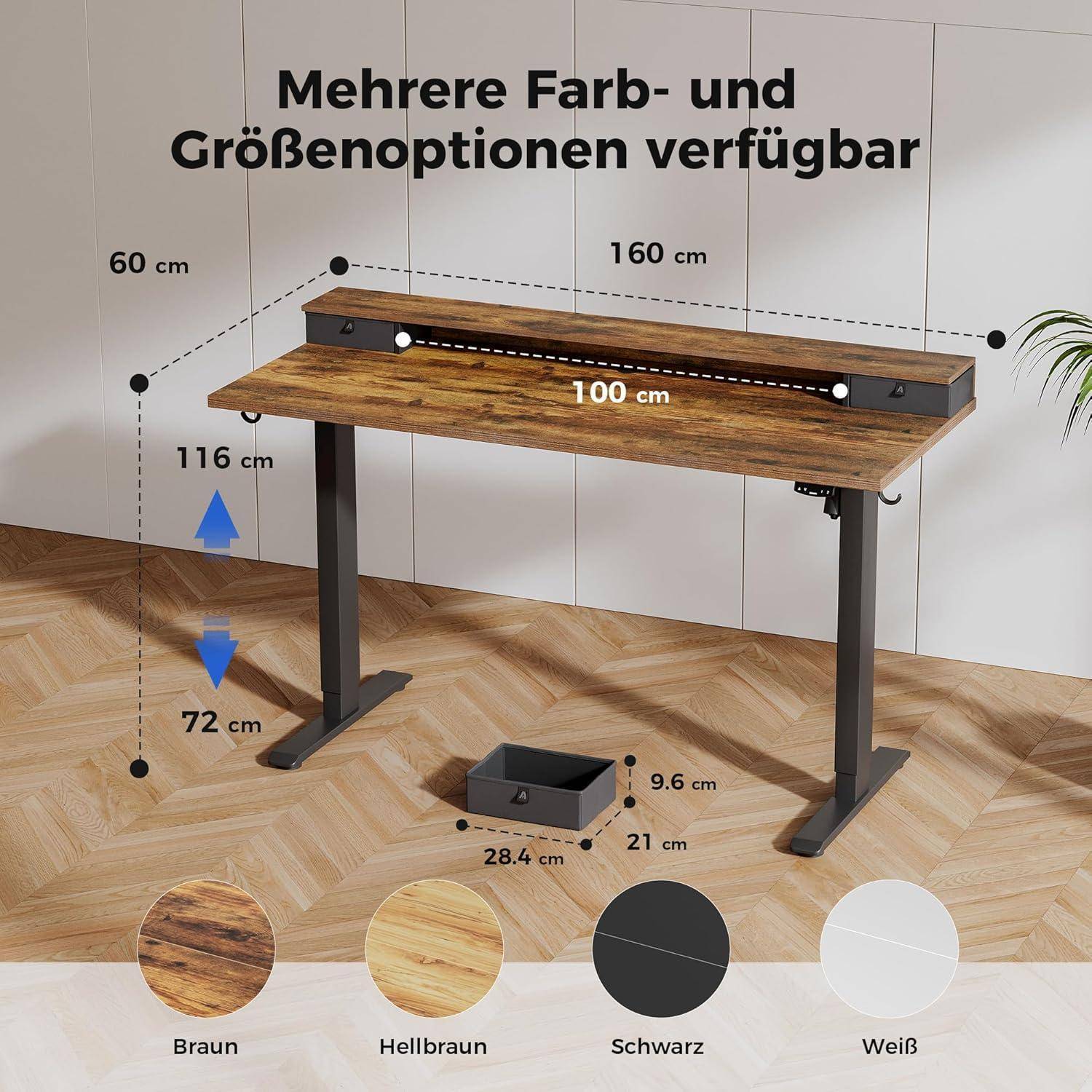 Höhenverstellbarer Schreibtisch 160x60 cm mit 2 Schubladen Braun