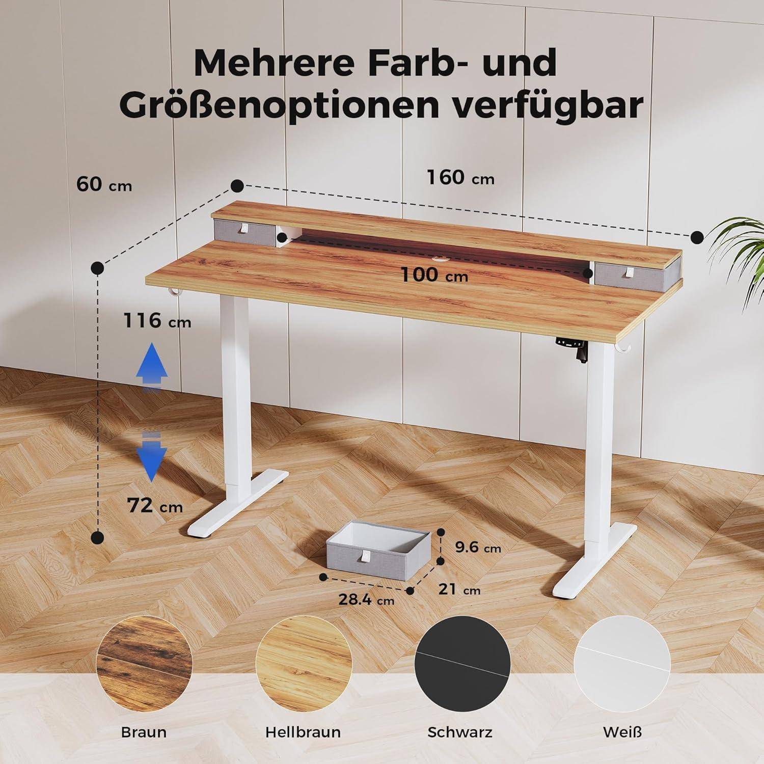 Höhenverstellbarer Schreibtisch mit 2 Schubladen Elektrisch 160x60cm