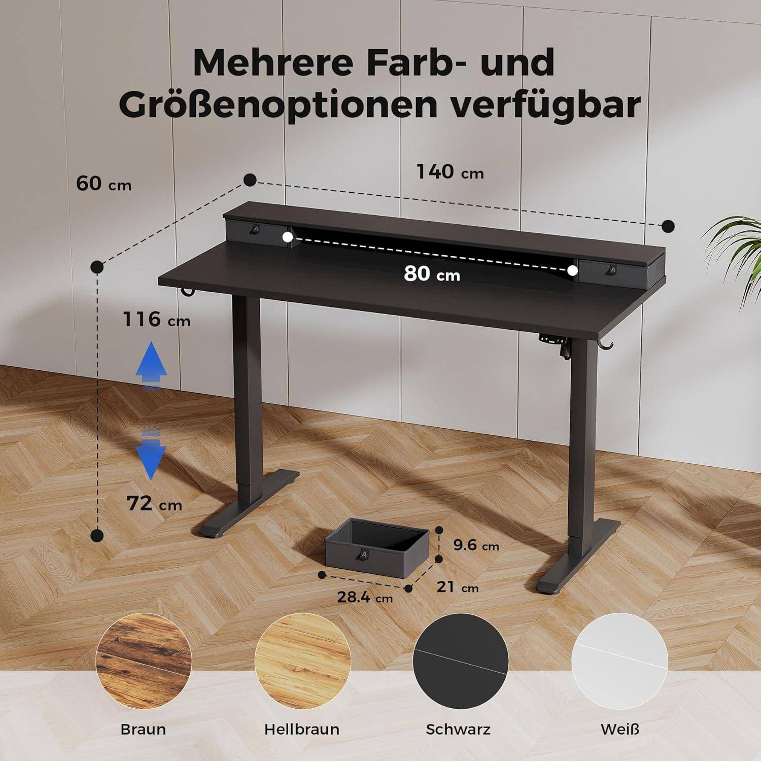 Höhenverstellbarer Schreibtisch mit 2 Schubladen 140x60 cm Elektrisch