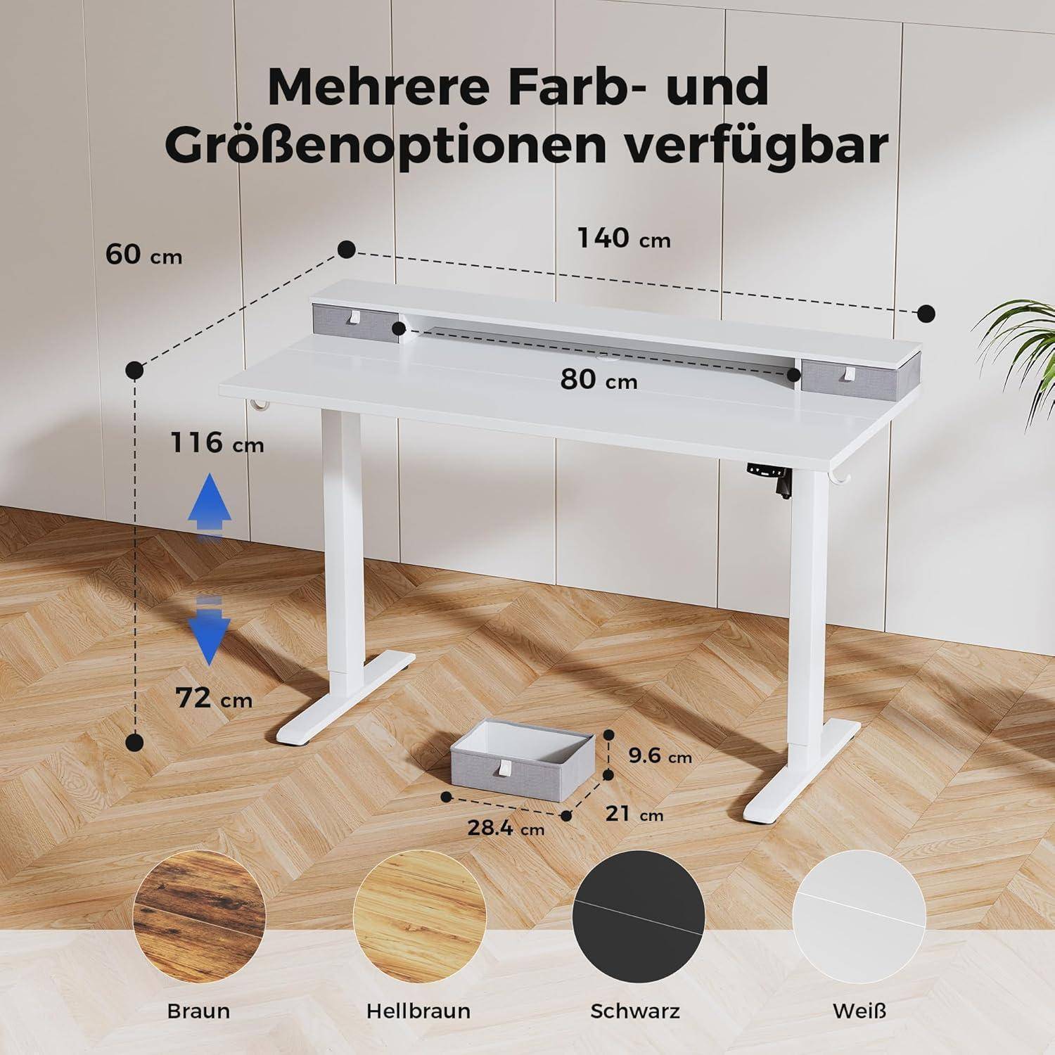 Höhenverstellbarer Schreibtisch 140 x 60 cm mit 2 Schubladen