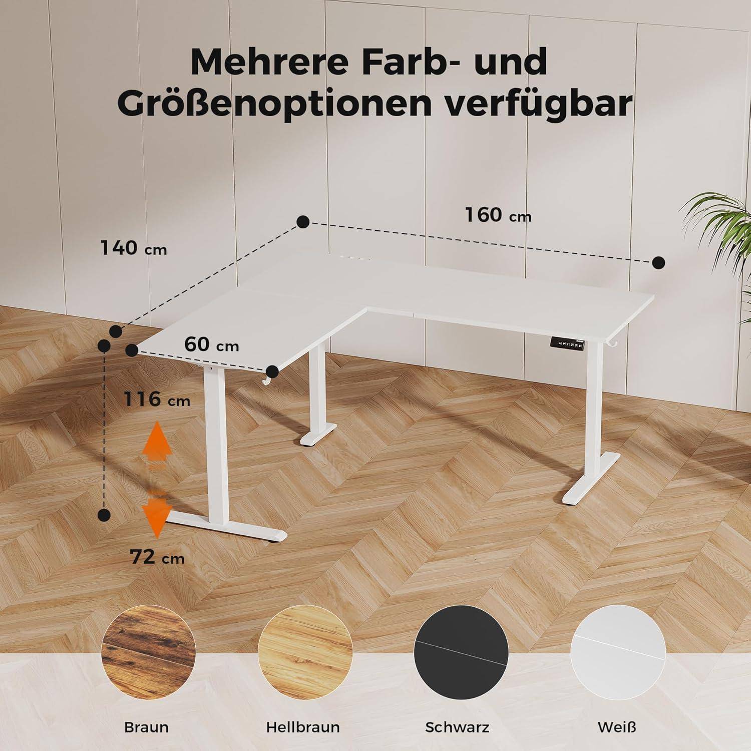 L-förmiger Schreibtisch 160x140 cm höhenverstellbar elektrisch