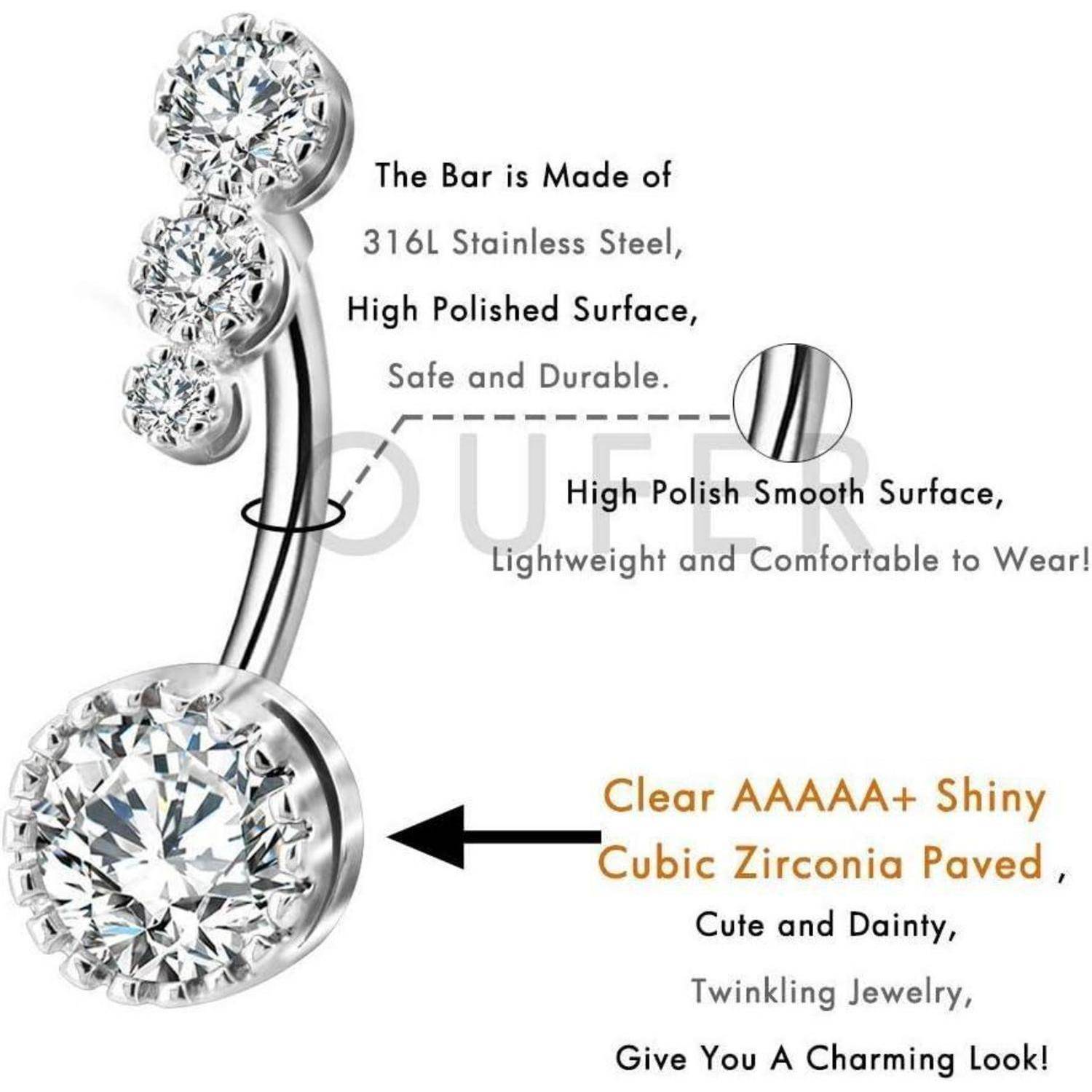 Nabelpiercing 316L Edelstahl Bauchnabelpiercing Clear CZ Navel Rings