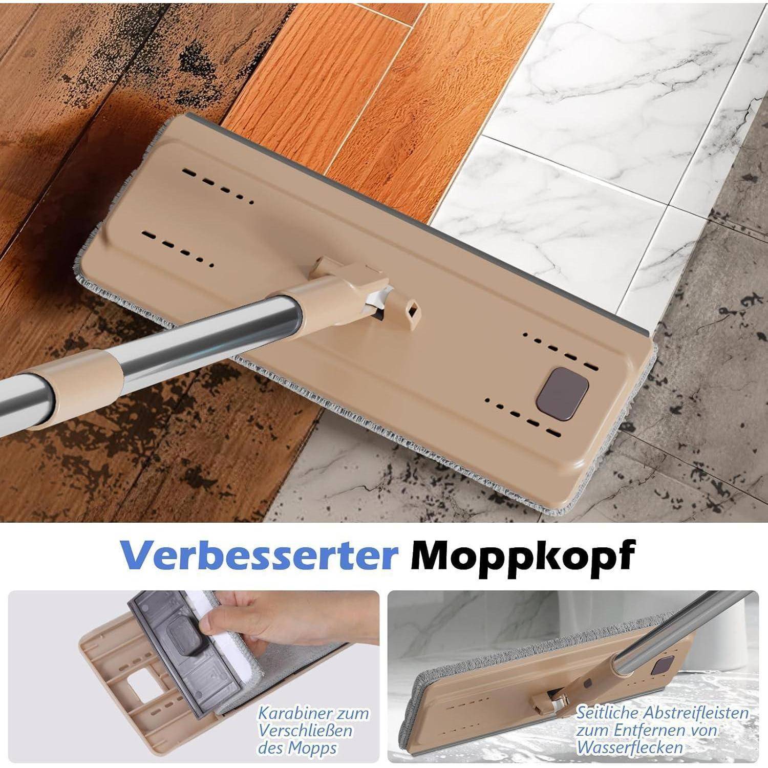 Wischmopp Set mit Eimer, Auswringfunktion, 138cm Stange, 6