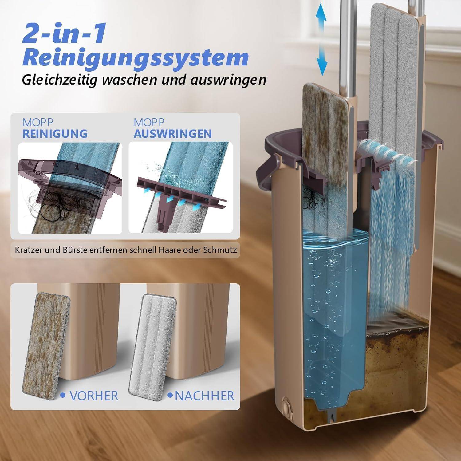 Wischmopp Set mit Eimer, Auswringfunktion, 138cm Stange, 6