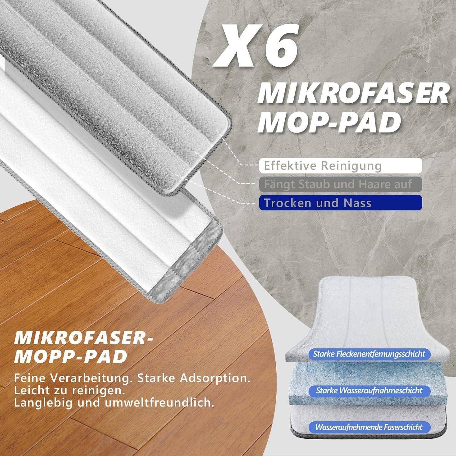 Wischmopp Set mit Eimer, Auswringfunktion, 138cm Stange, 6