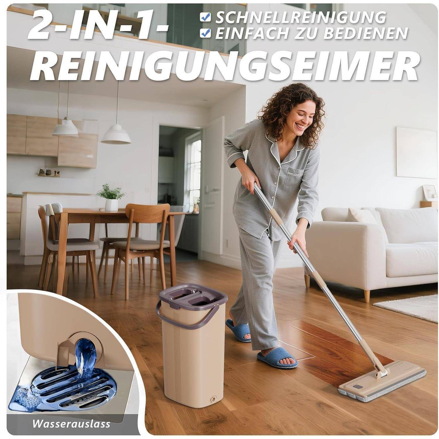 Wischmopp Set mit Eimer, Auswringfunktion, 138cm Stange, 6