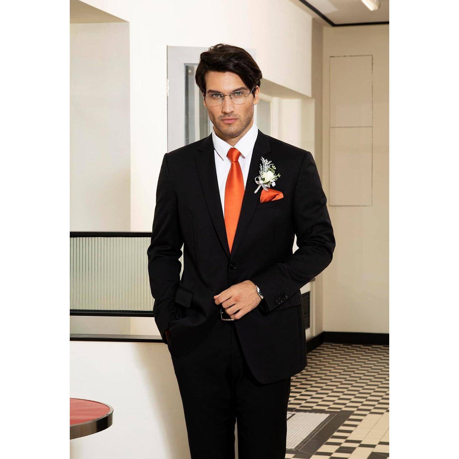 Extra lange Einfarbig Orange Herren Krawatte Set mit Taschentuch