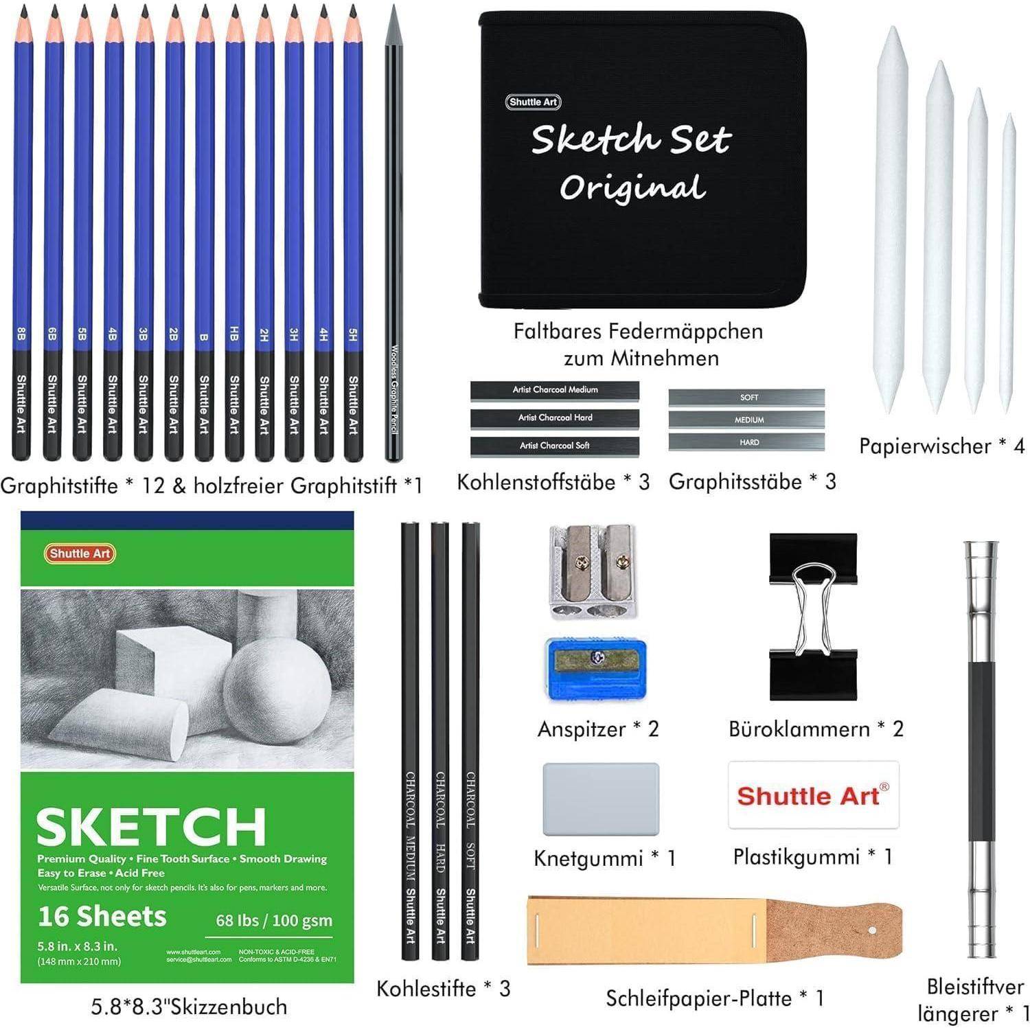 Zeichenset 37-teilig Graphitstift Kohlestift 1 Stück 37er Pack