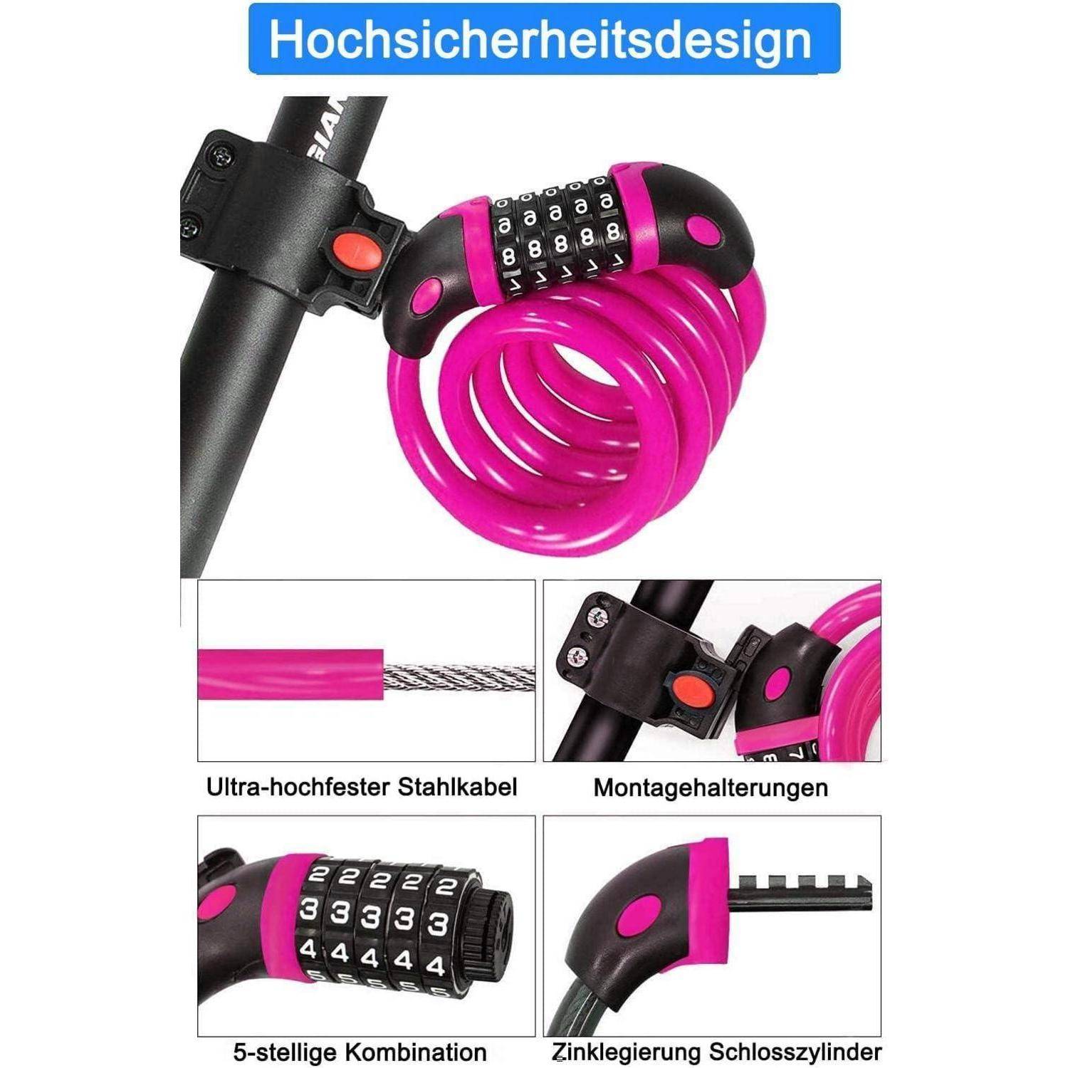 Fahrradschloss Kabelschloss 120cm 12mm 5stellig Rosa