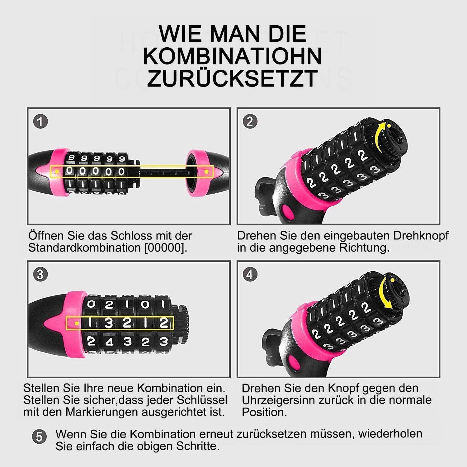 Fahrradschloss Kabelschloss 120cm 12mm 5stellig Rosa