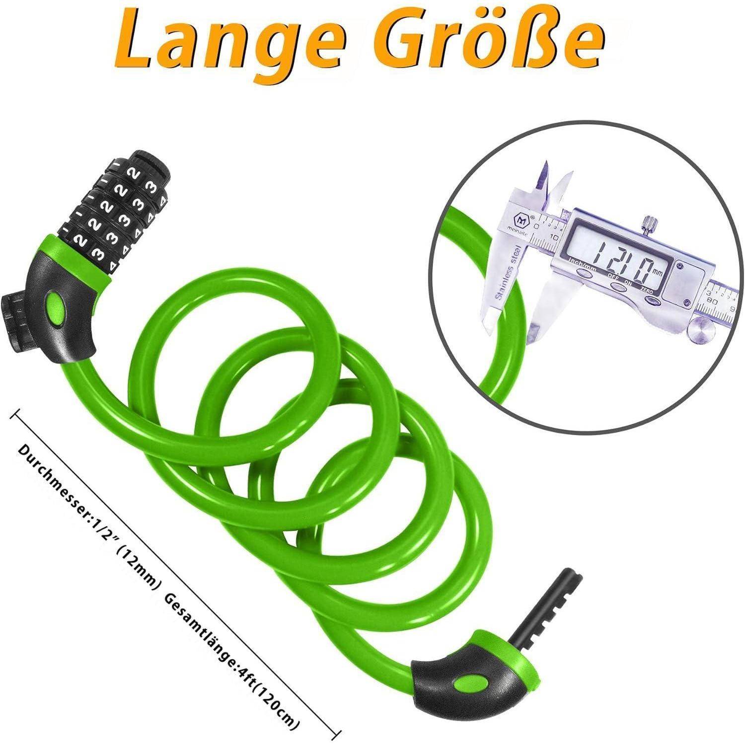 Fahrradschloss Kabelschloss 120cm 12mm Zahlenschloss 5 Stellig Grün