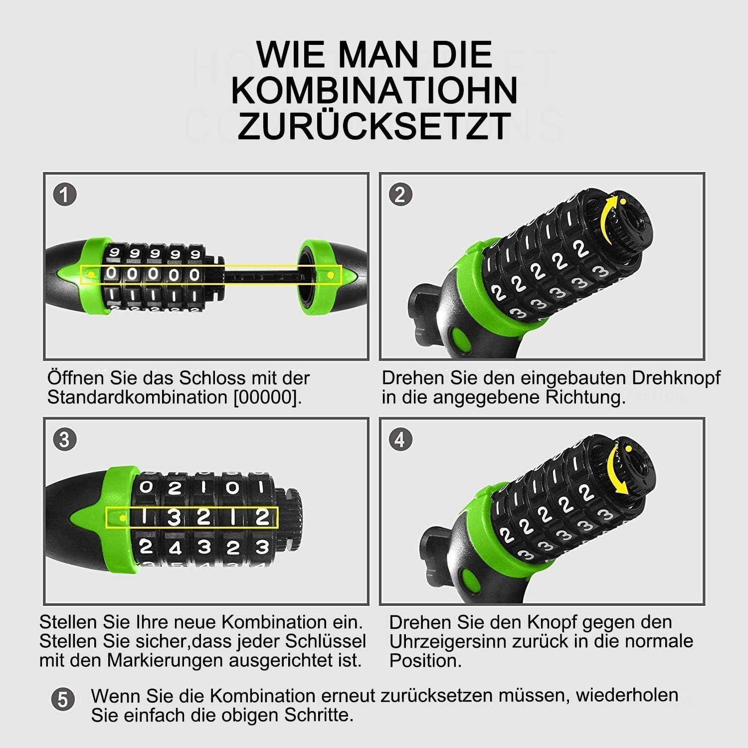 Fahrradschloss Kabelschloss 120cm 12mm Zahlenschloss 5 Stellig Grün