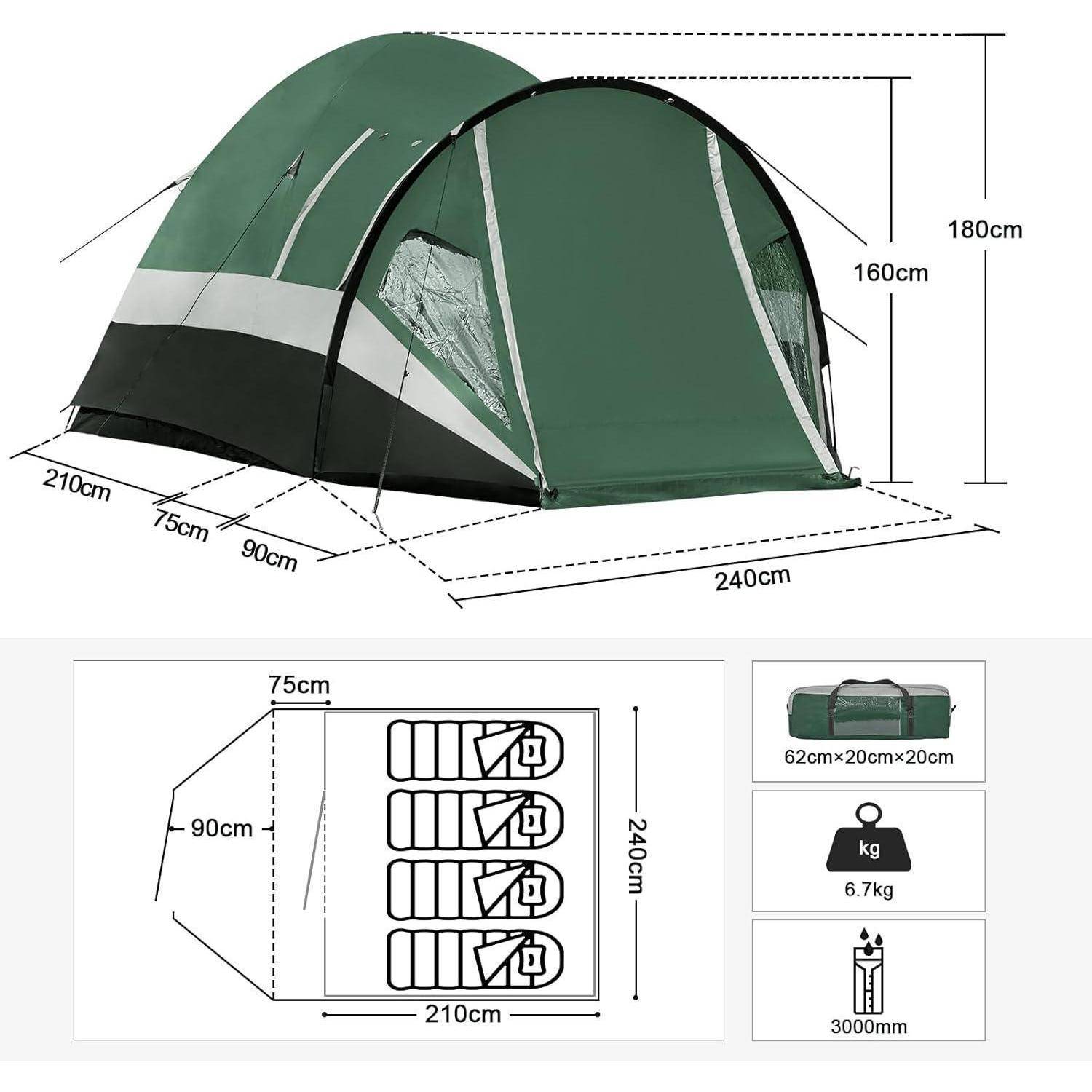 Zelt Kuppelzelt 4 Personen 180cm 3000mm wasserdicht Grün