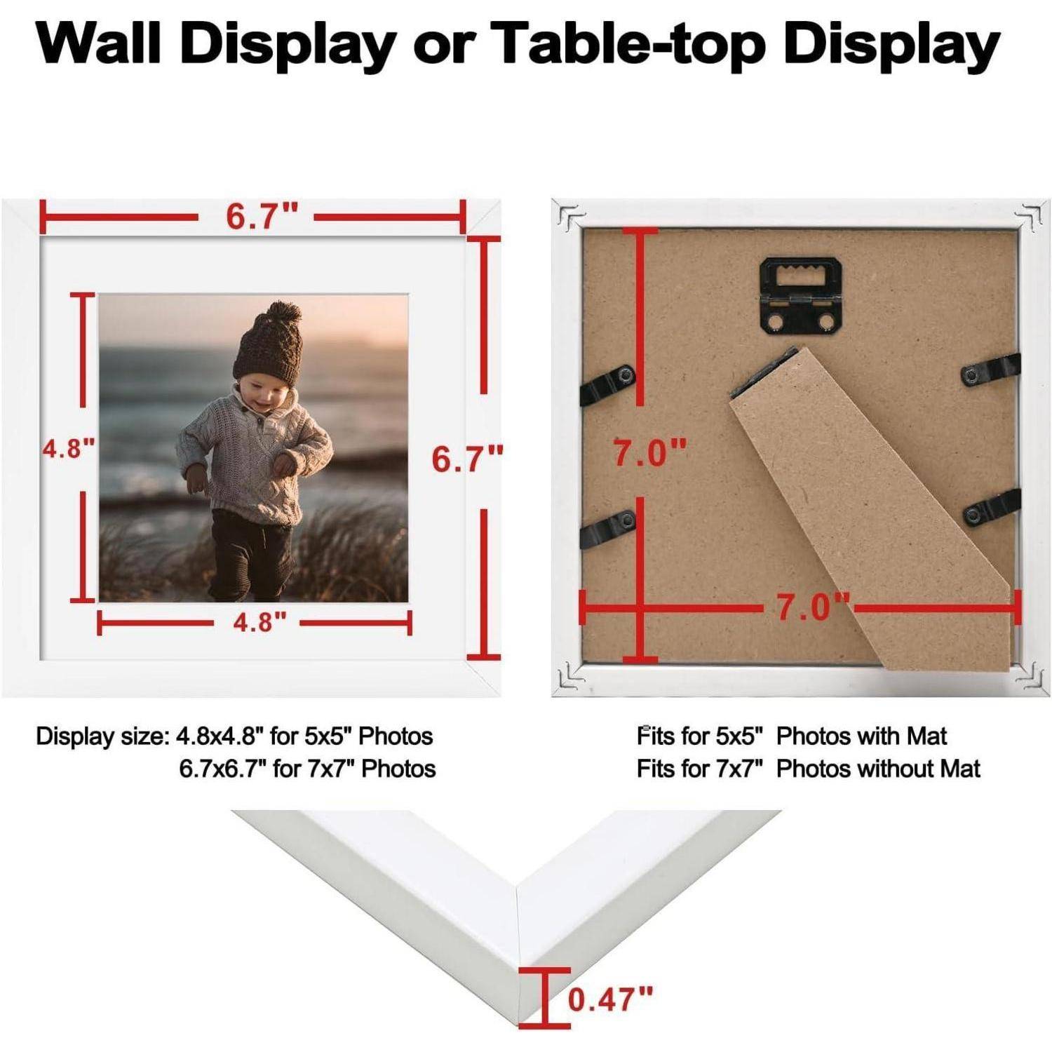 Wand- oder Tischaufsteller-Bild zeigt einen weißen Fotorahmen mit Abmessungen: 17 cm quadratisch, 1,2 cm dick; geeignet für 13x13 cm oder 18x18 cm Fotos.