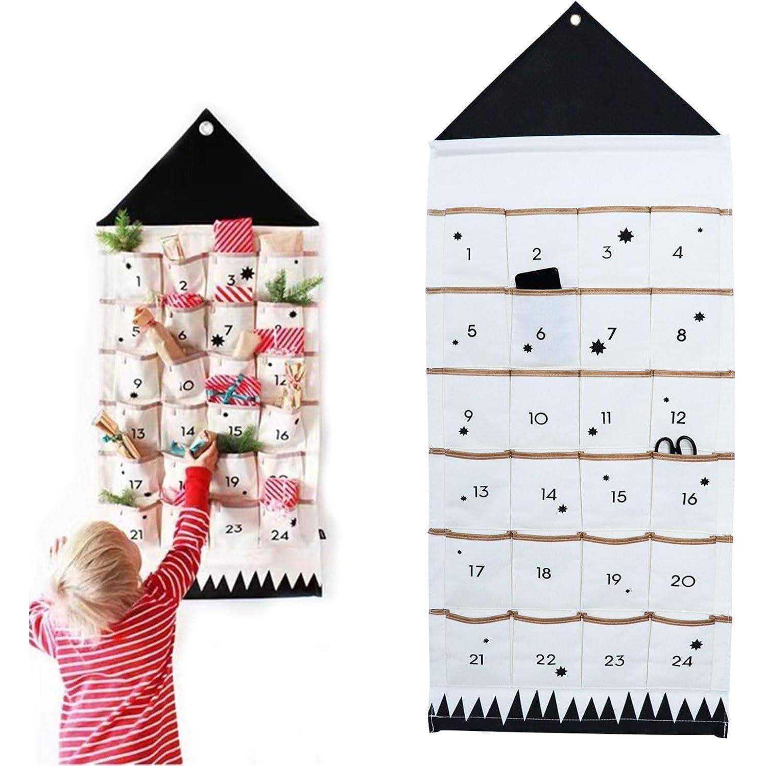 Adventskalender Stoff 50x120cm 24 Taschen Wandteppich Schwarz