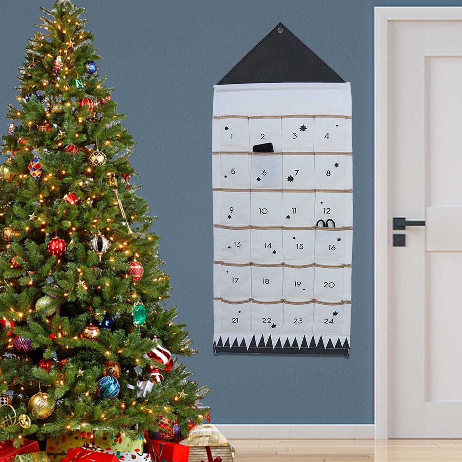 Adventskalender Stoff 50x120cm 24 Taschen Wandteppich Schwarz