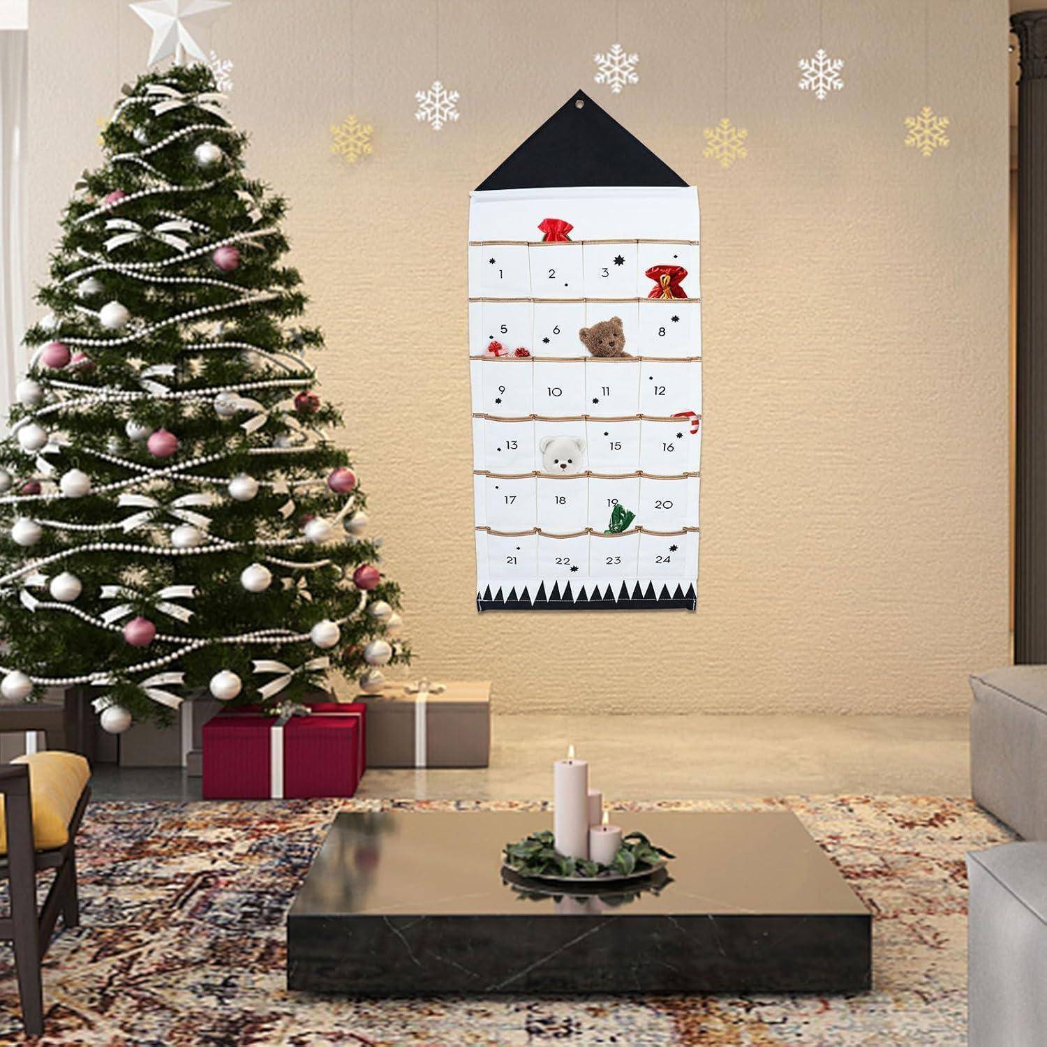 Adventskalender Stoff 50x120cm 24 Taschen Wandteppich Schwarz