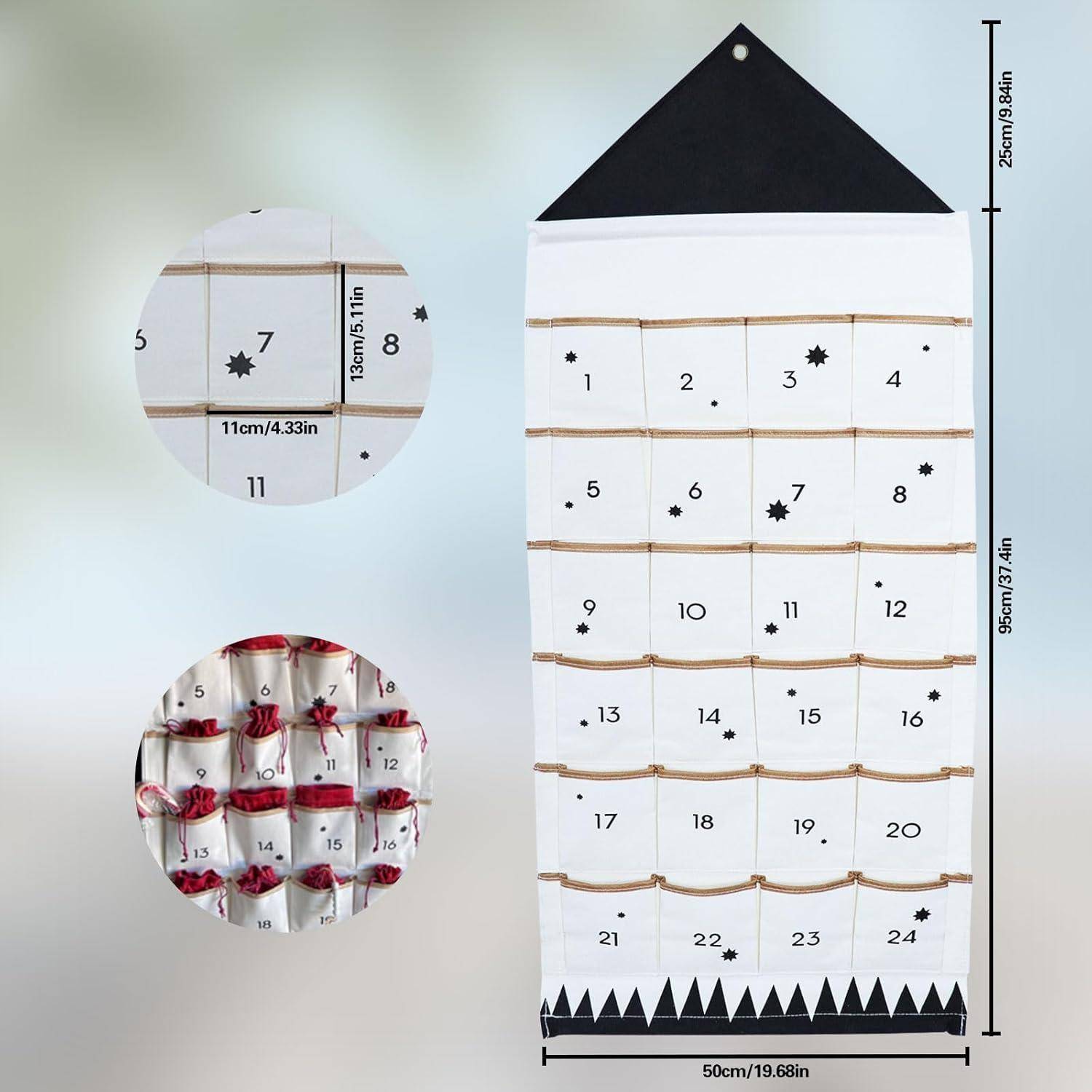 Adventskalender Stoff 50x120cm 24 Taschen Wandteppich Schwarz