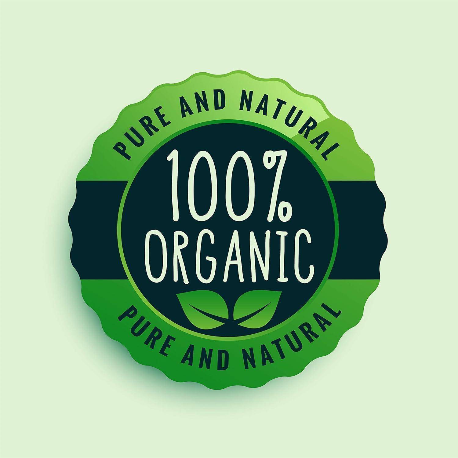 Ein grünes und schwarzes Emblem mit der Aufschrift '100% Biologisch', umgeben von der Phrase 'Rein und Natürlich', mit Blattgrafiken am unteren Rand.