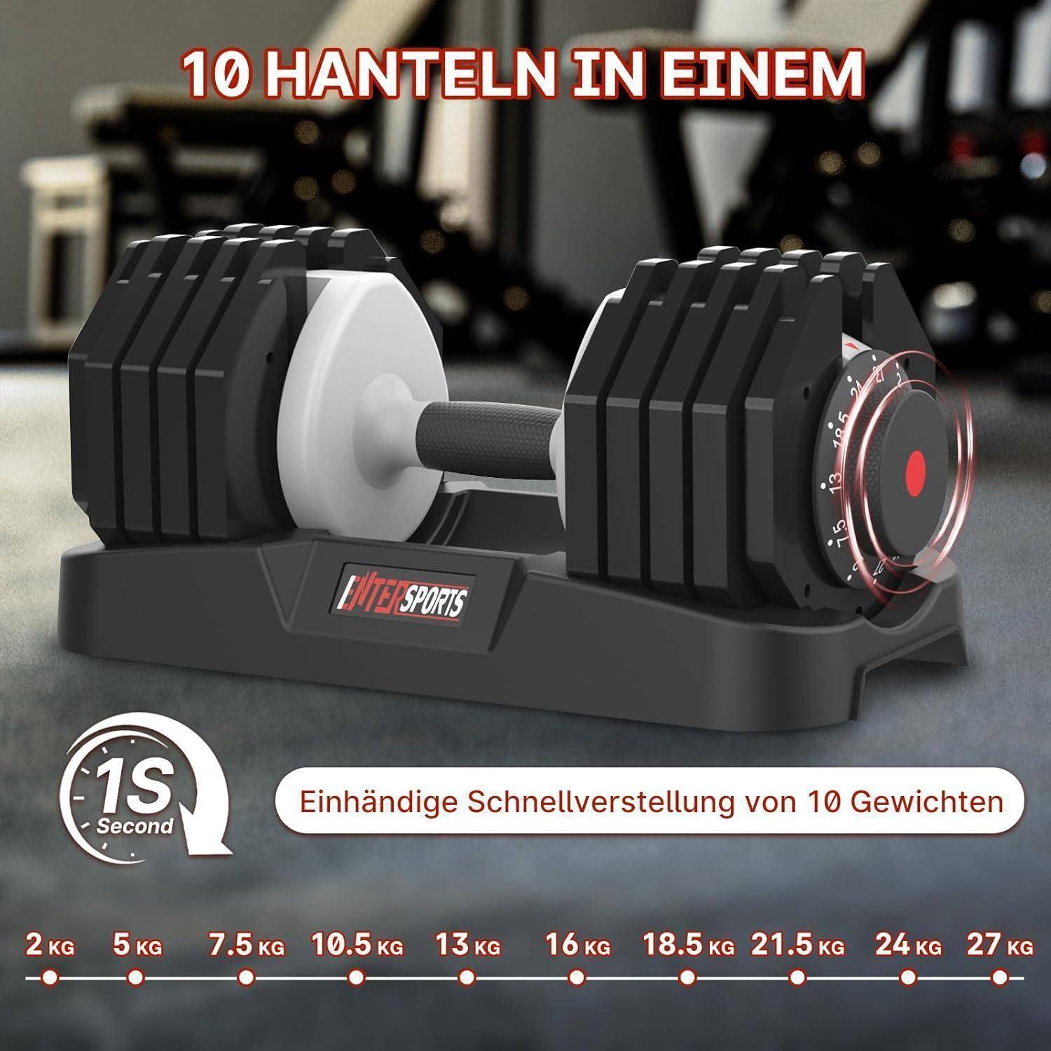 Verstellbare Hantel auf einem Ständer, beschriftet mit '10 Hanteln in einem', die mehrere Gewichtseinstellungen zeigt. Der Text betont die schnelle Gewichtsanpassung.